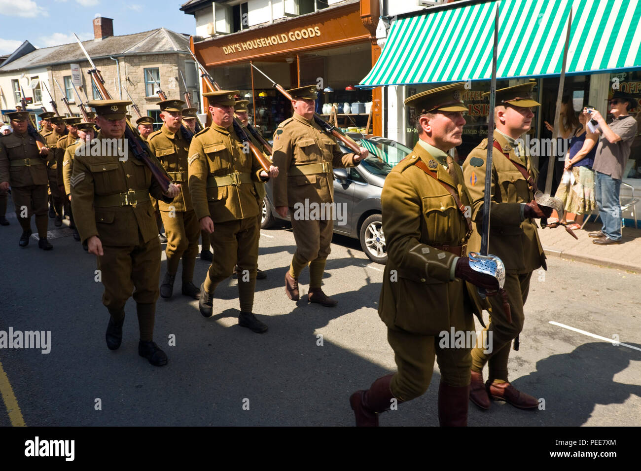 World War One living history reenactors soldiers marching in parade at Hay-on-Wye Powys Wales UK Stock Photo
