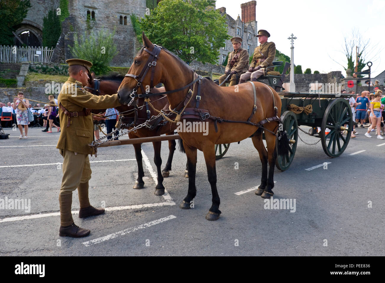 Living history reenactors World War One soldiers with horse and cart at Hay-on-Wye Powys Wales UK Stock Photo