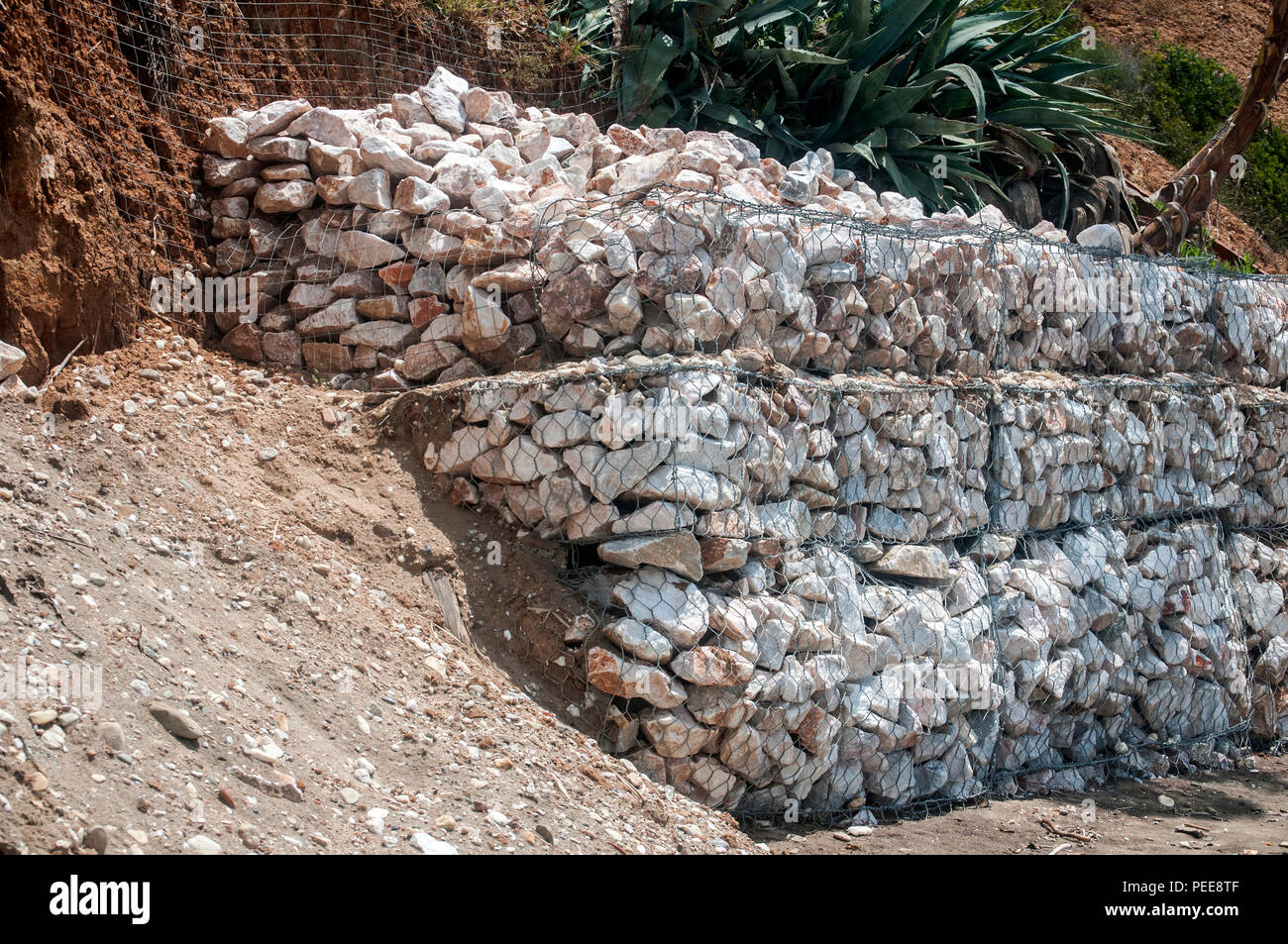Gabion wire mesh baskets filled with stone for slope stabilization