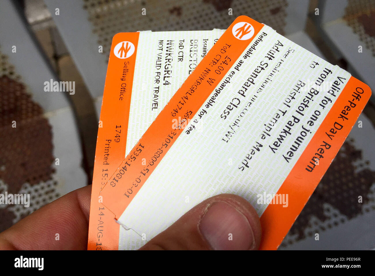 Off-peak day return rail tickets. Stock Photo