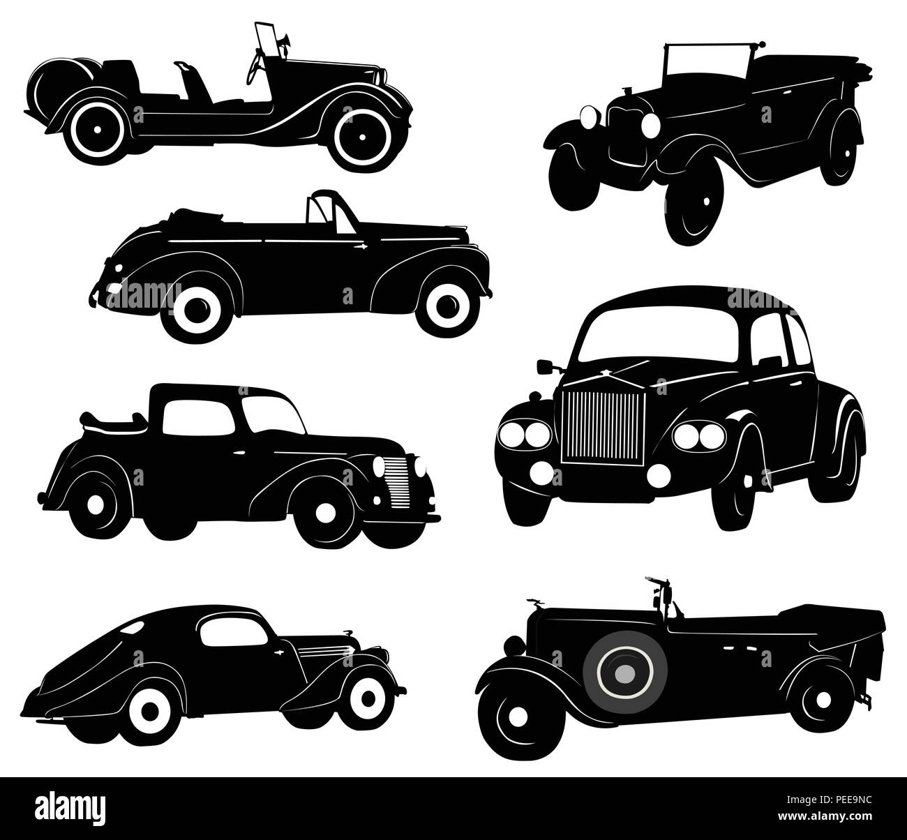 Silhouettes of antique collector cars Stock Vector