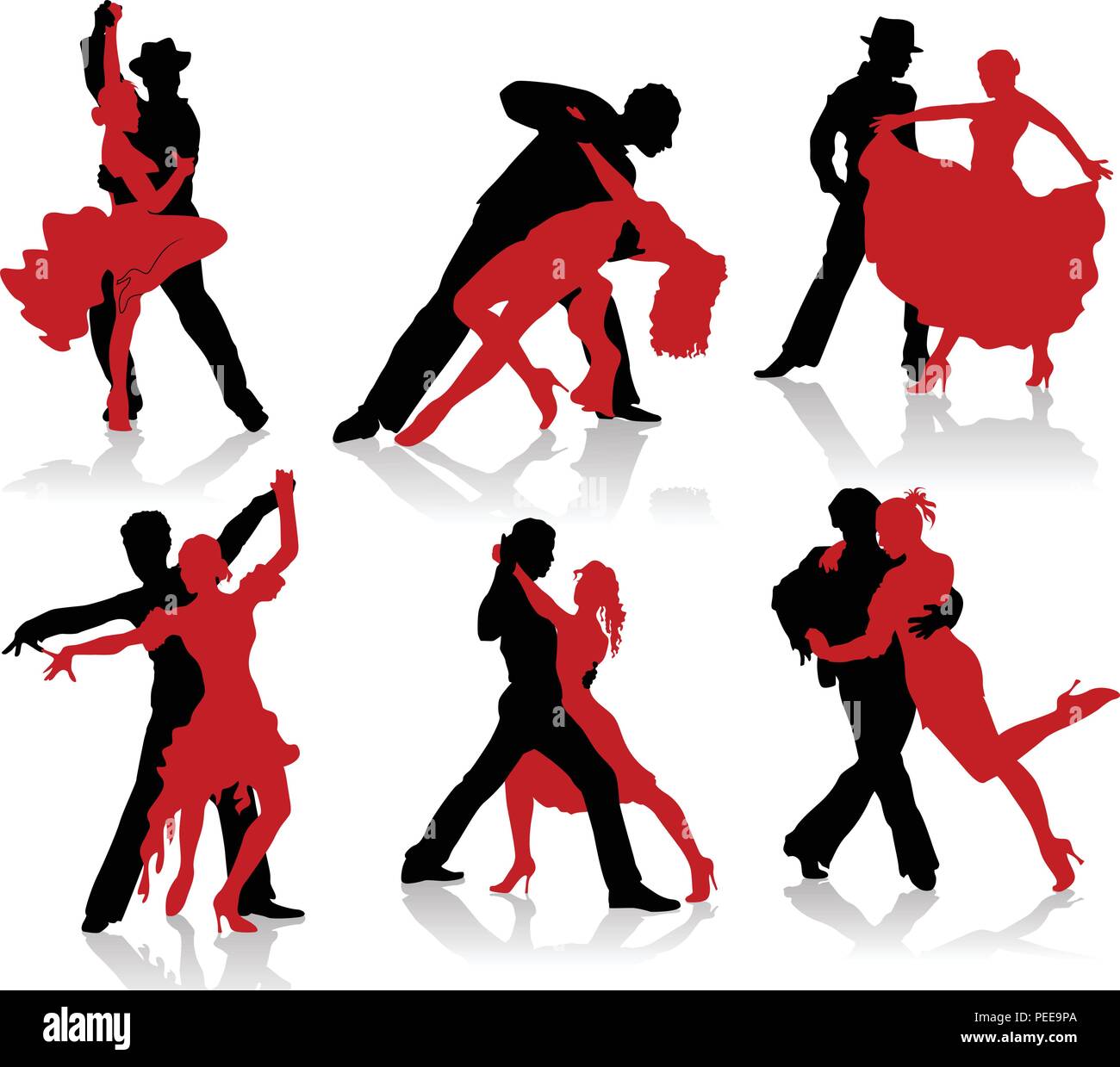 Silhouettes of the pairs dancing ballroom dances. Tango