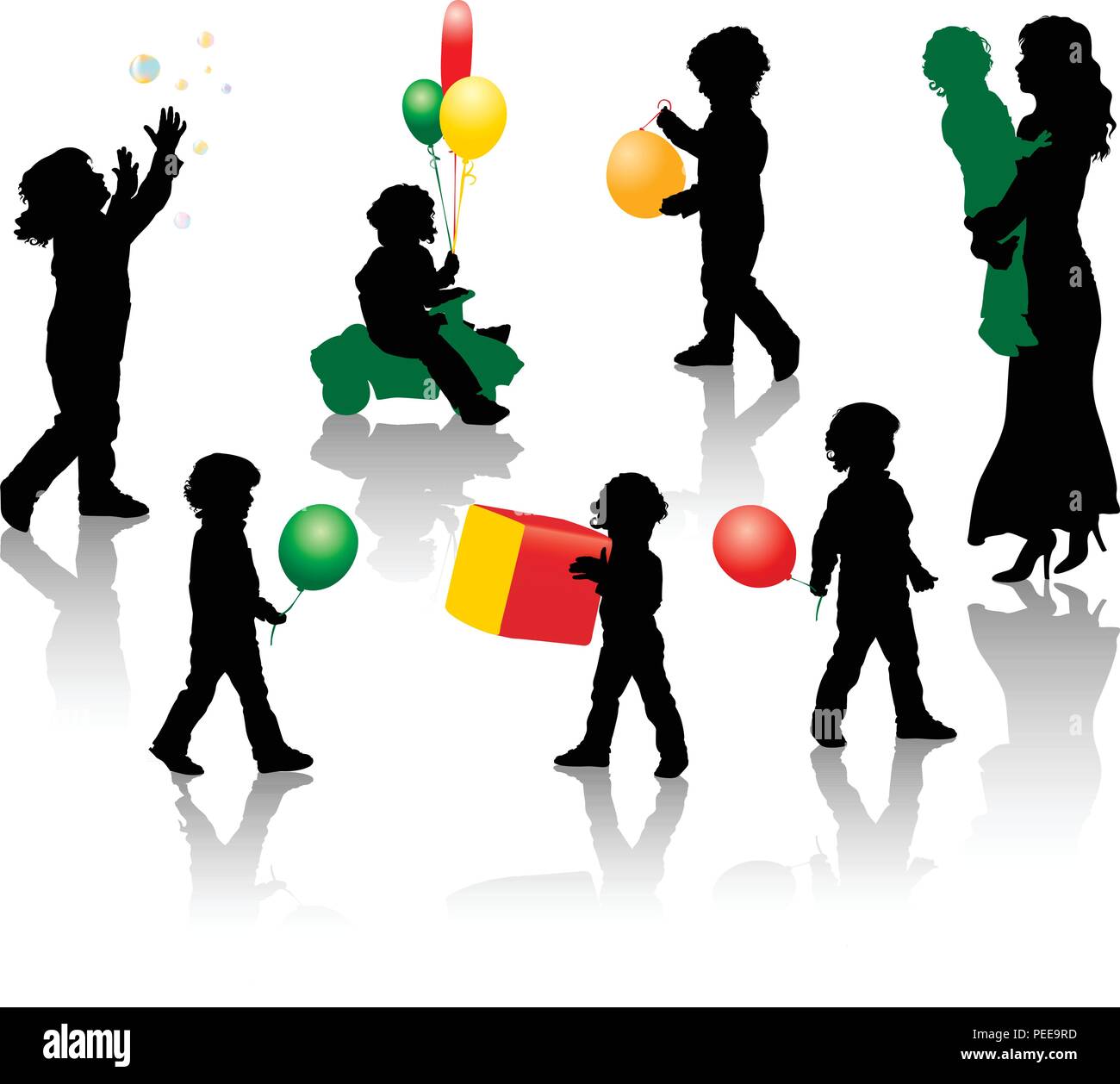 The silhouettes of a boy playing with a balloon, bubbles, toys. Stock Vector