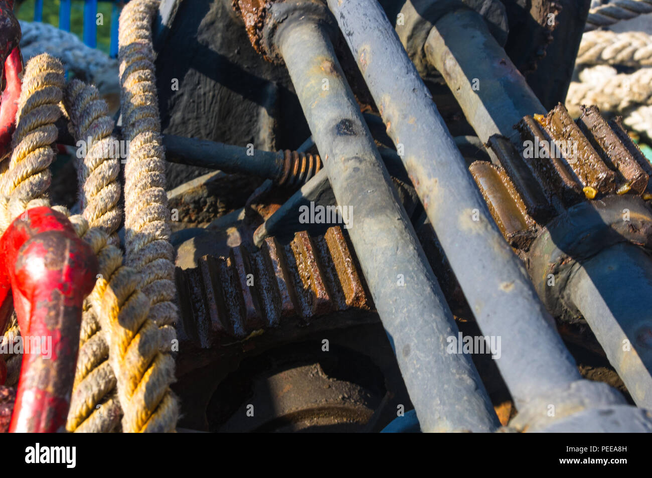 Winches, chains, levers, gears, and other mooring mechanisms of the sea