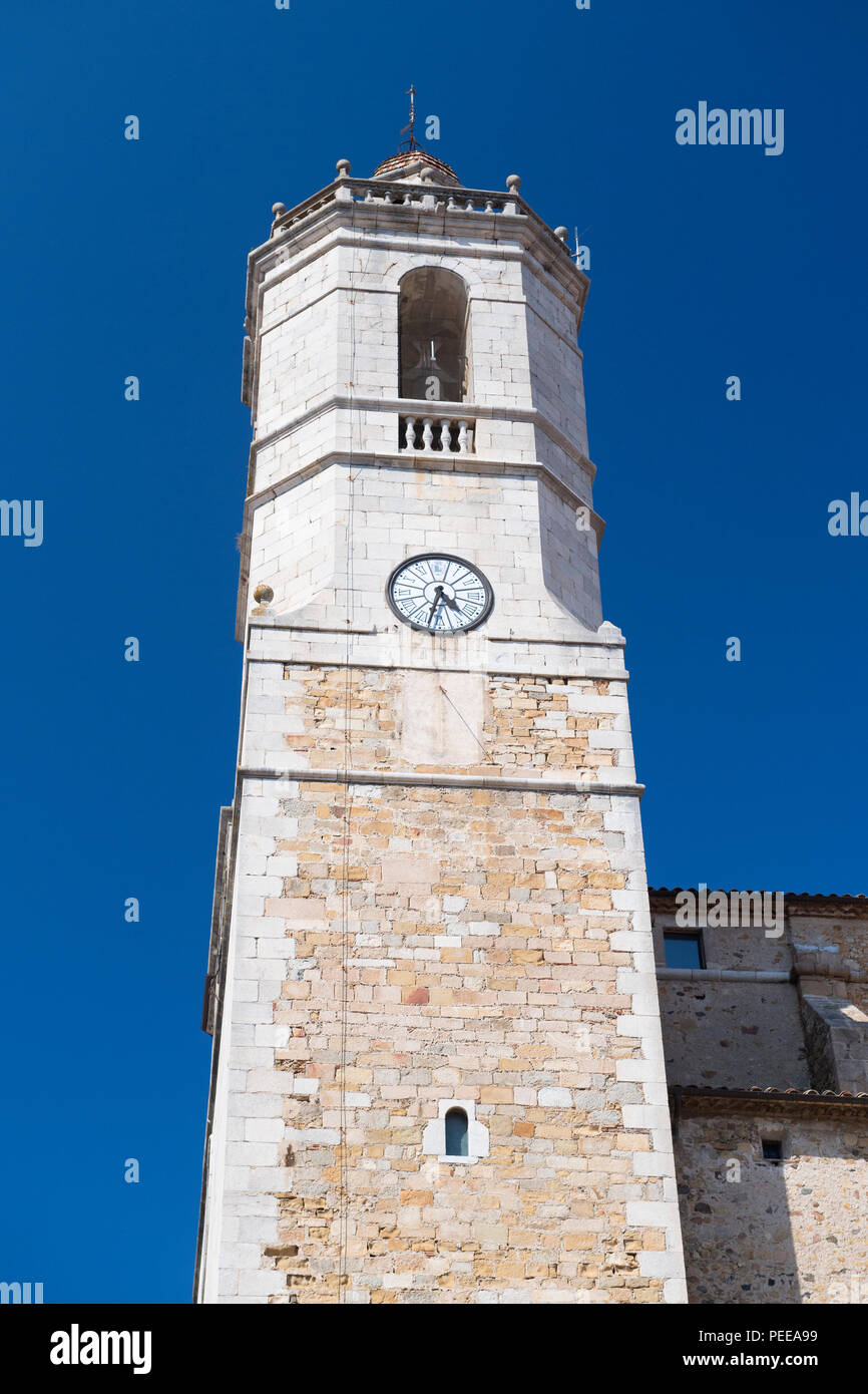 Church tower in Spanish town Llagostera Stock Photo