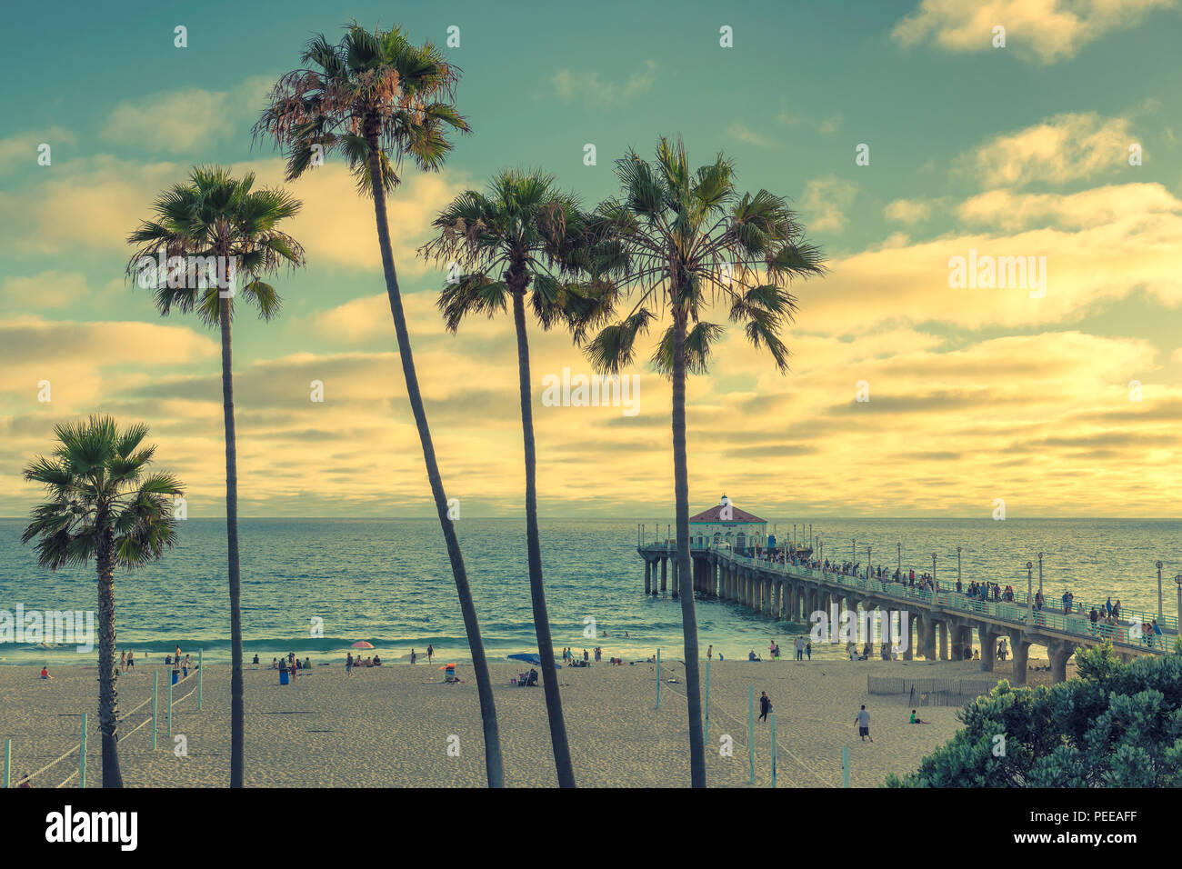 Manhattan Beach at sunset in California, Los Angeles, USA. Vintage processed. Stock Photo