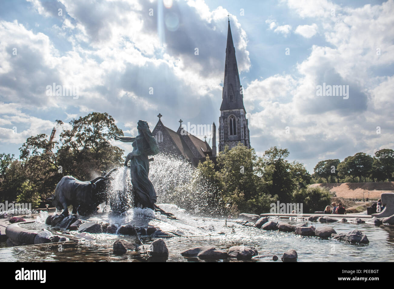 Gefion Fountain and St Alban's Church, Copenhagen, Denmark Stock Photo