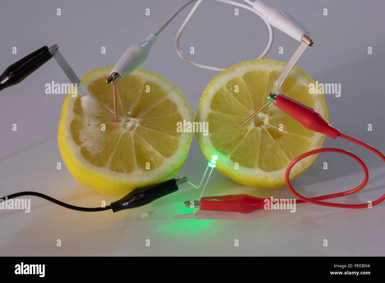 Close up of science experiment showing copper and magnesium probes in lemon  connected with alligator clips on cables producing electricity to power an  Stock Photo - Alamy