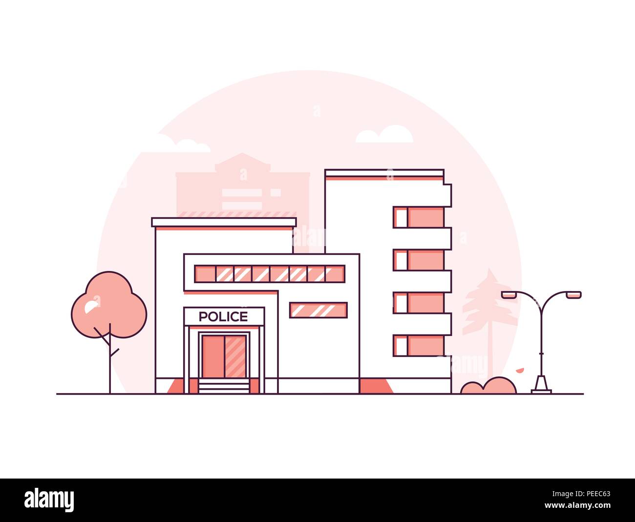 Police station - modern thin line design style vector illustration on white urban background. Red colored high quality composition with a facade of de Stock Vector