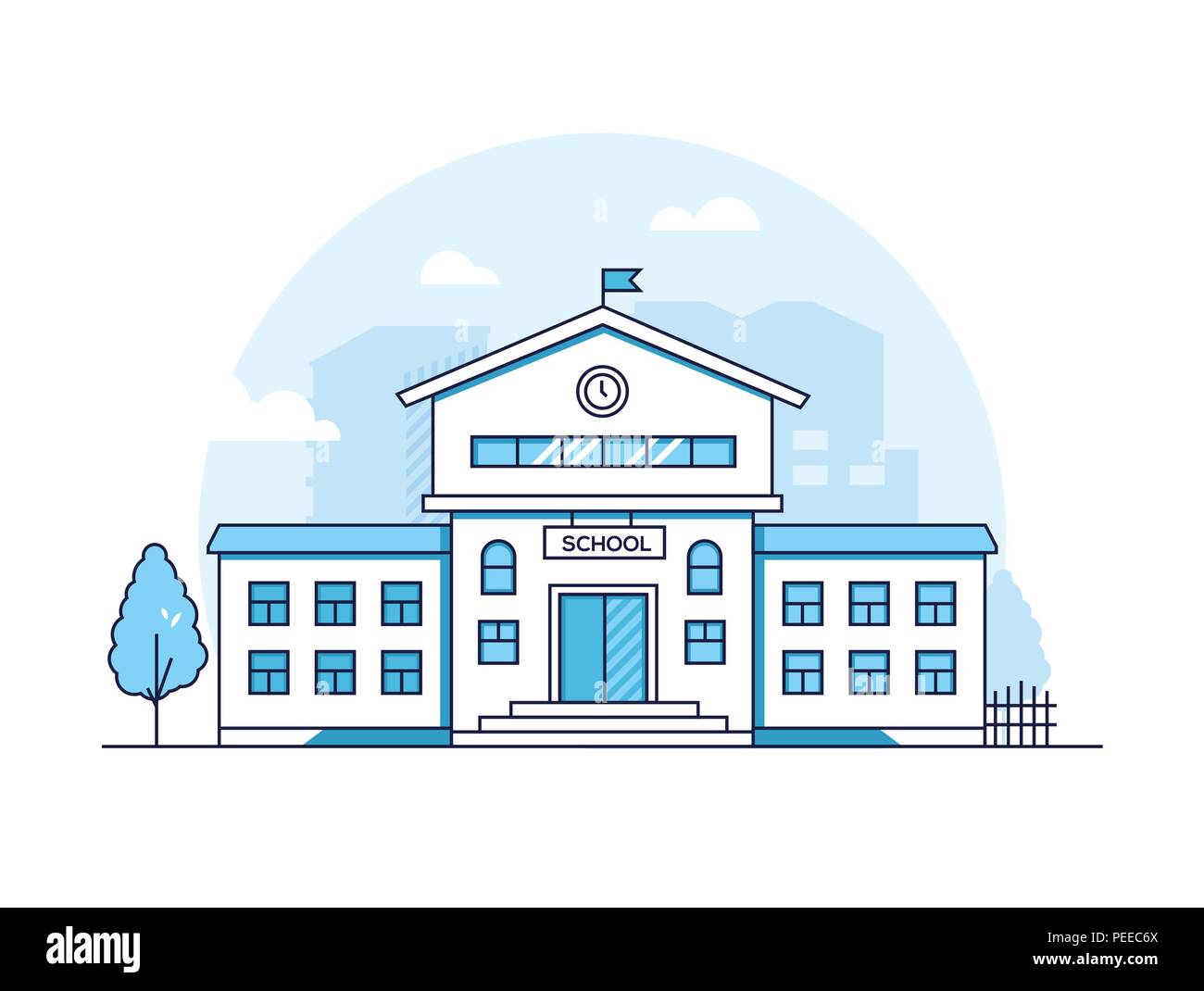 School building - modern thin line design style vector illustration on white background. Blue colored high quality composition with a facade of educat Stock Vector