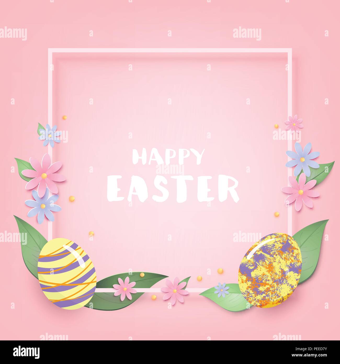 Happy Easter Banner With Frame Colorful Holiday Eggs And Flowers