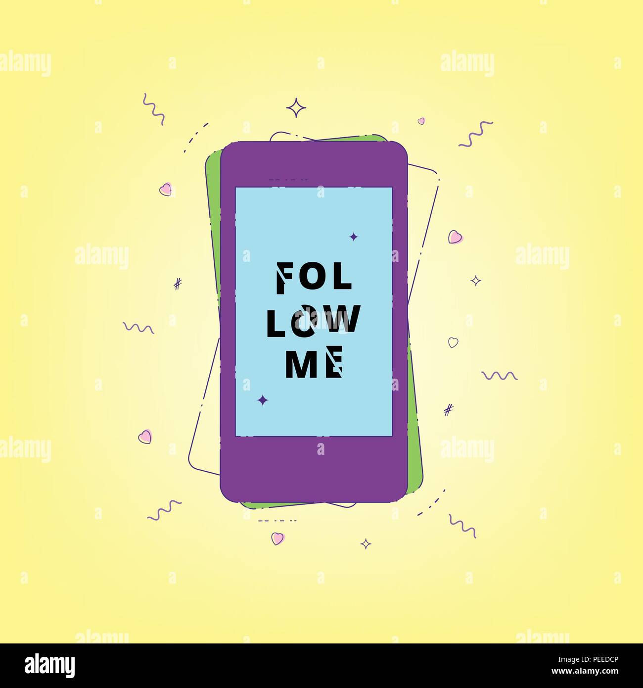 Follow me card with speech phone. Glitch effect. Sliced text style