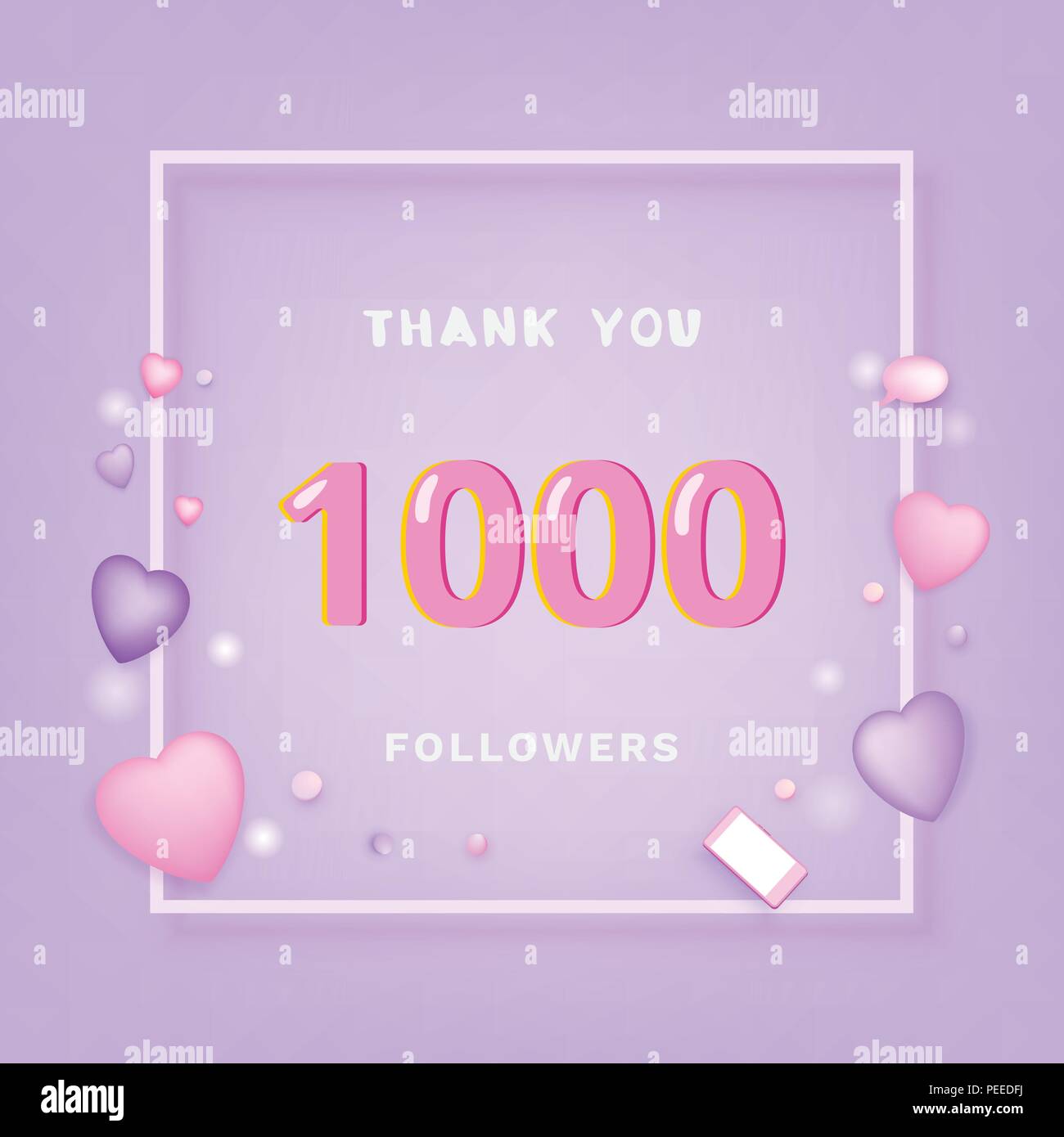 1000 Followers thank you banner with frame and hearts. Template for ...