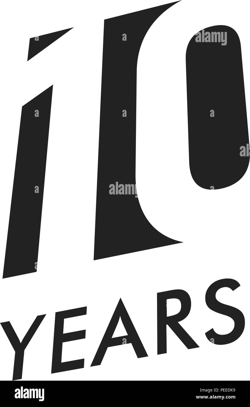 Ten years vector emblem template. Anniversary symbol, negative space design. Jubilee black color icon. Happy 10th birthday, abstract illustration. Stock Vector