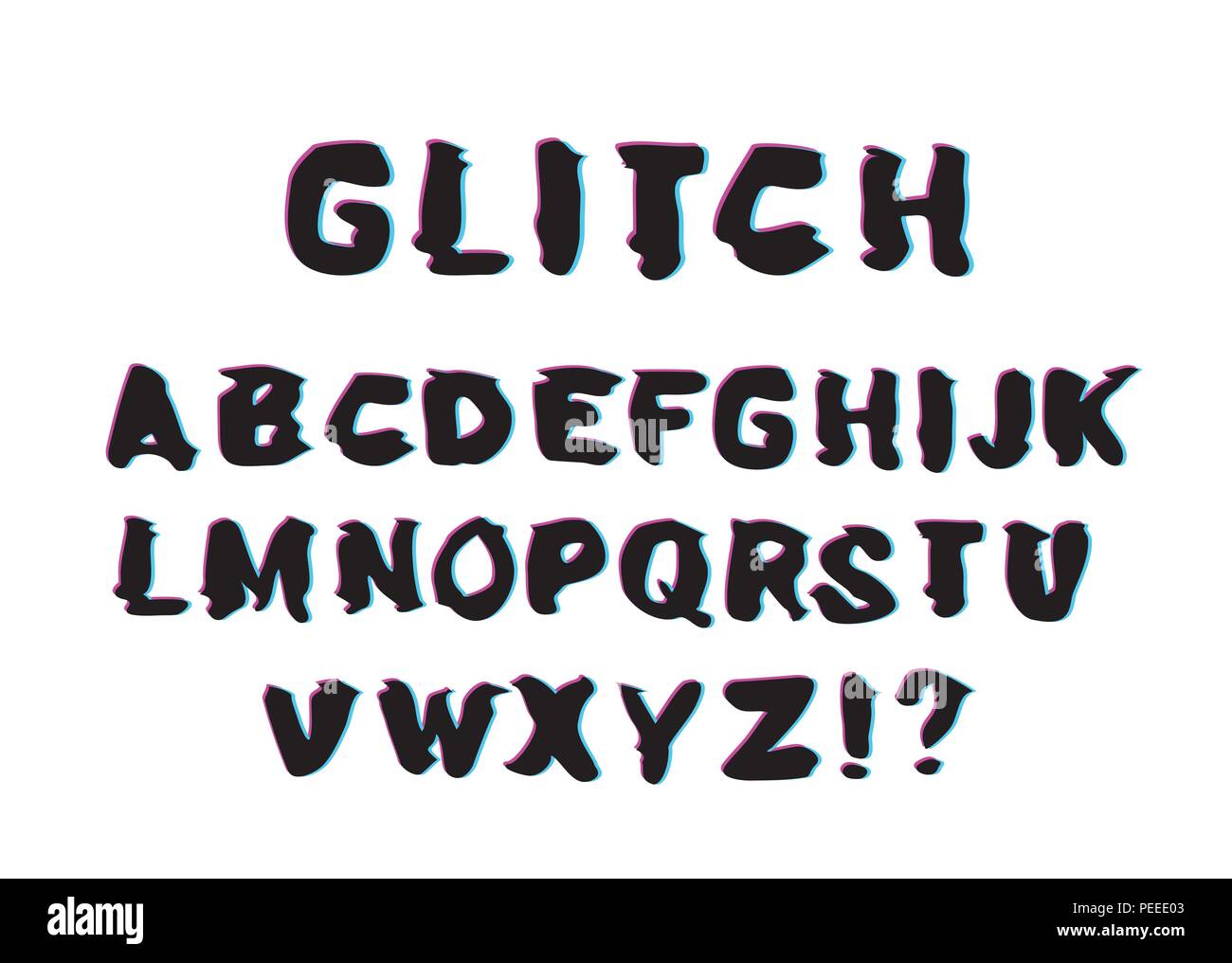 Trendy style distorted glitch typeface.  Latin letters. Vector illustration. Stock Vector