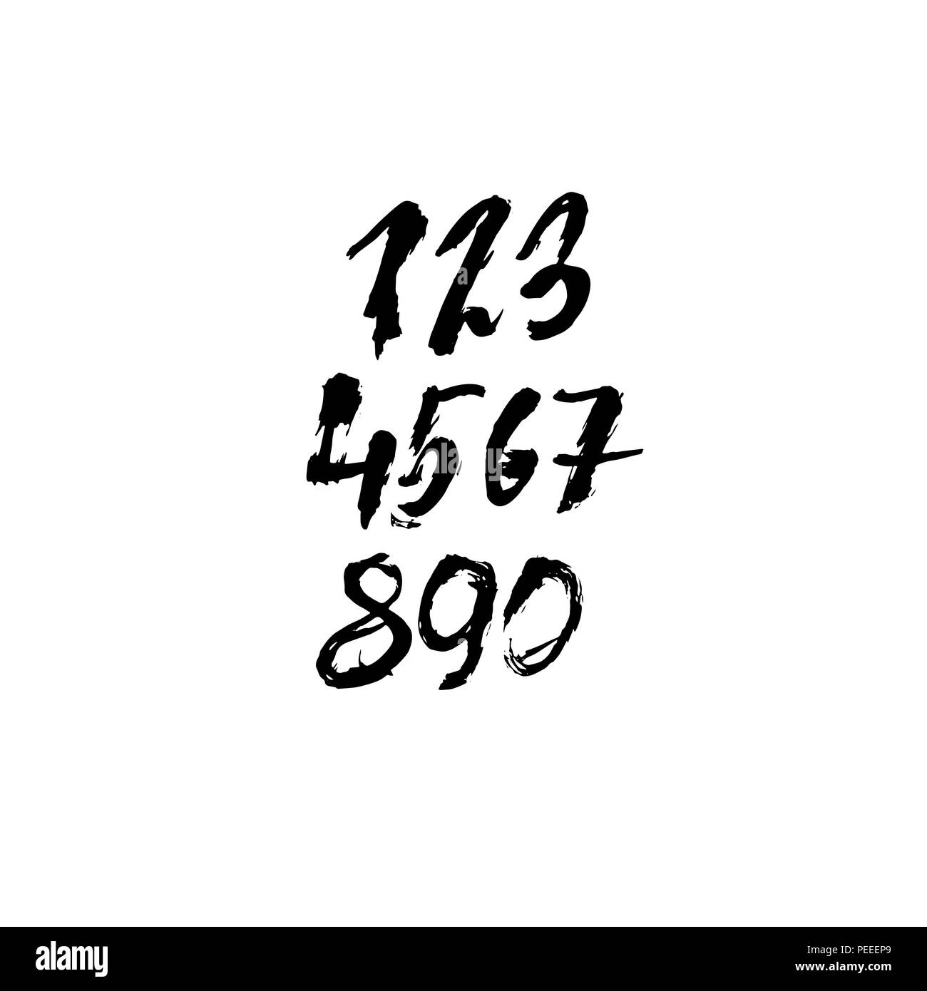 Set of calligraphic ink numbers. Textured dry brush lettering. Vector illustration. Stock Vector