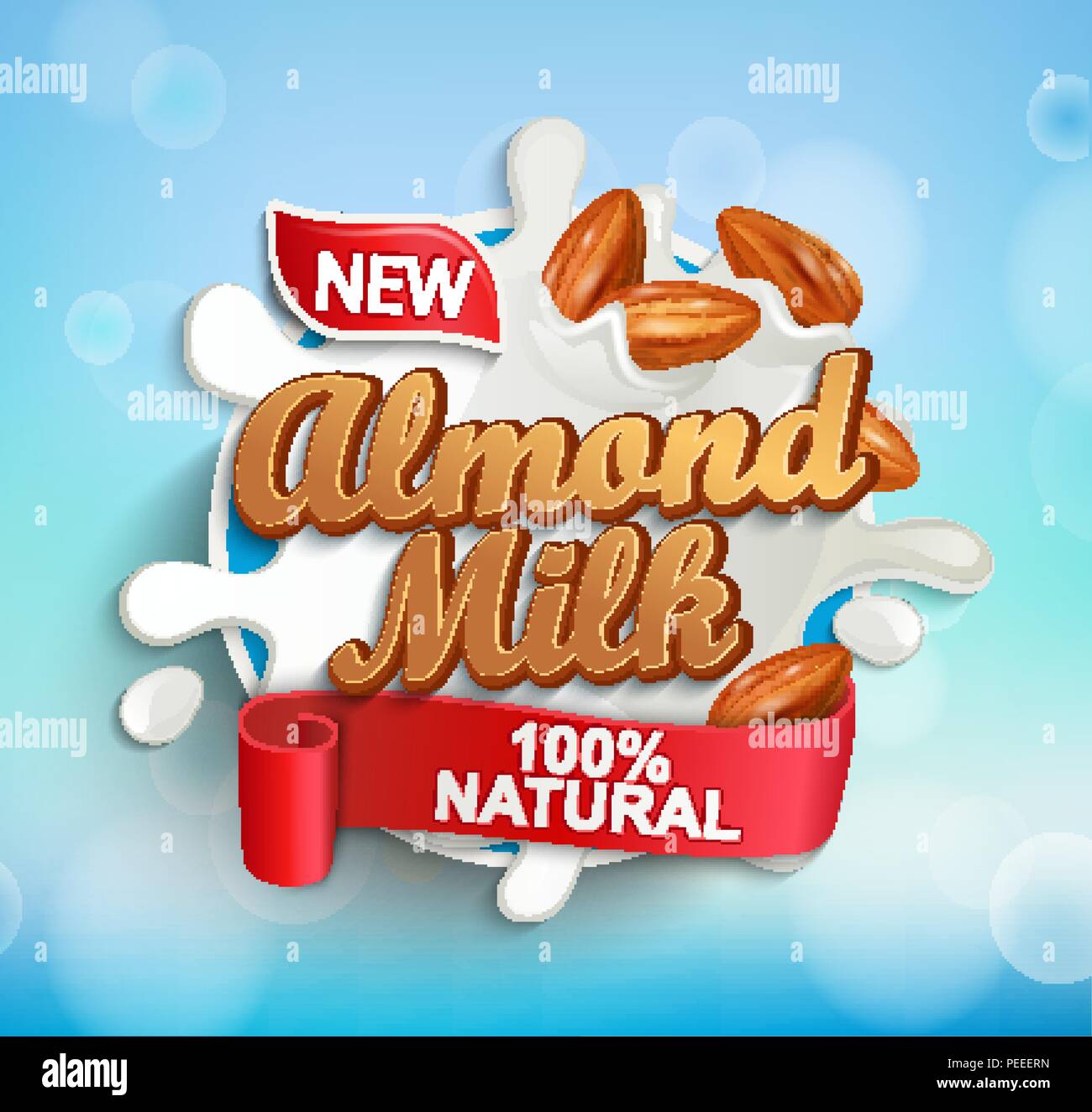 Label for almond milk with almonds and milky splash. 100 percent natural, organic and fresh healthy drink. Perfect for your advertising and packaging cosmetics or dairy products. Vector illustration. Stock Vector