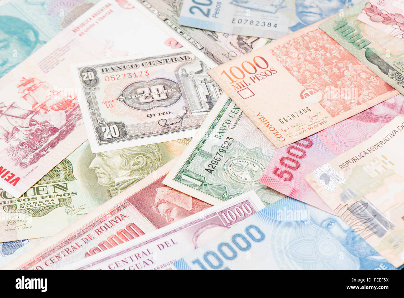 South America paper currencies background . Stock Photo