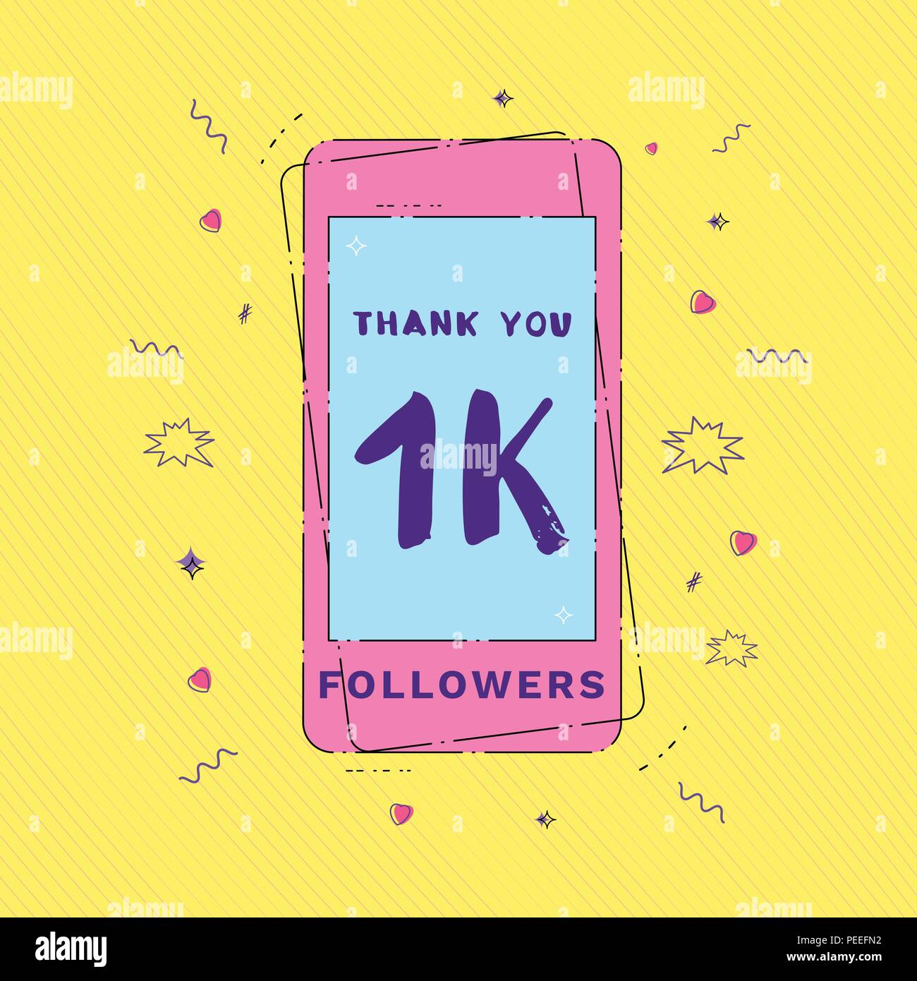 1K Followers thank you message with phone and random items. Template for social media post. Glitch chromatic aberration style. 1000 subscribers memphi Stock Vector