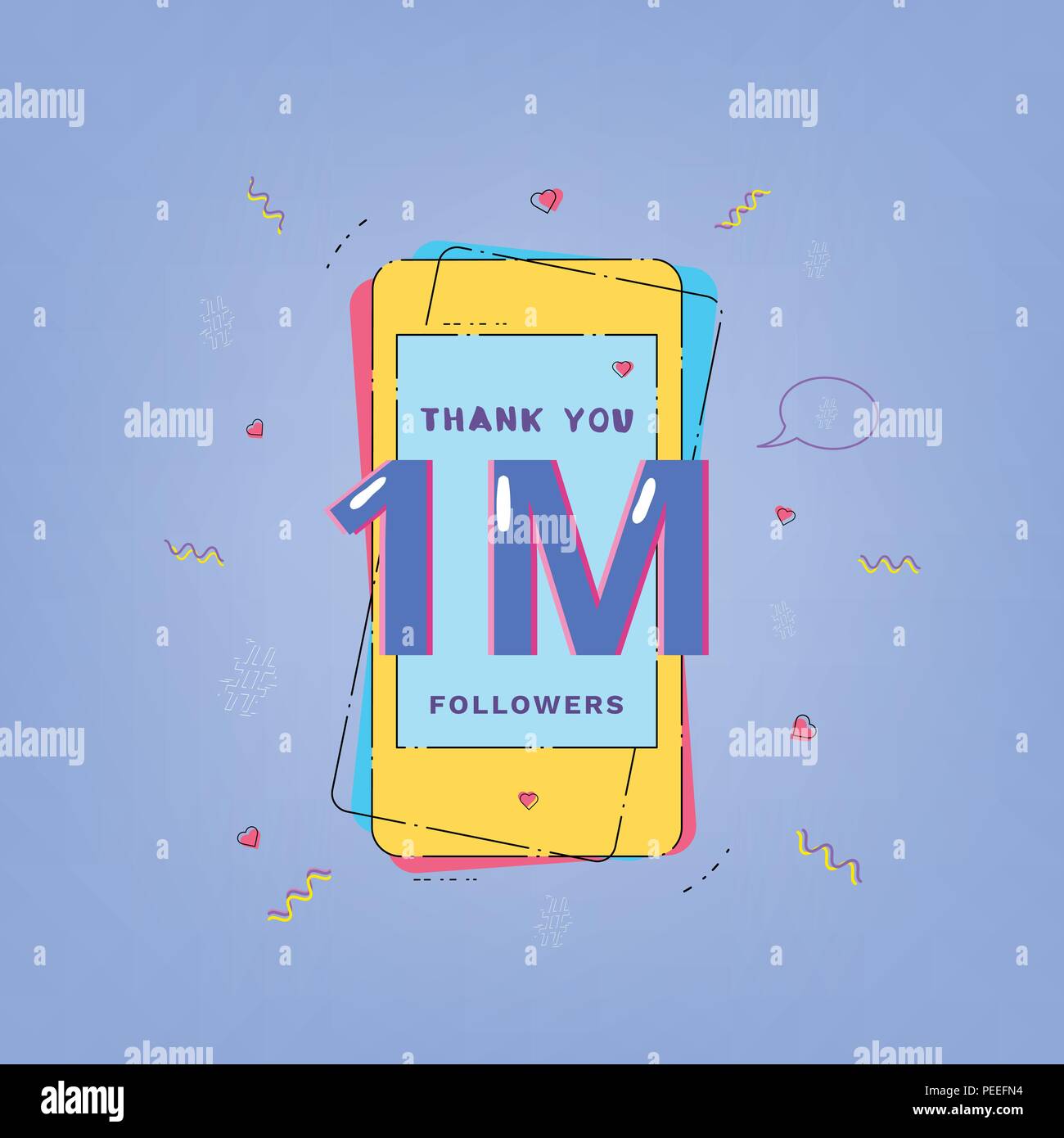 1M Followers card. One million Followers thank you phrase with phone ...