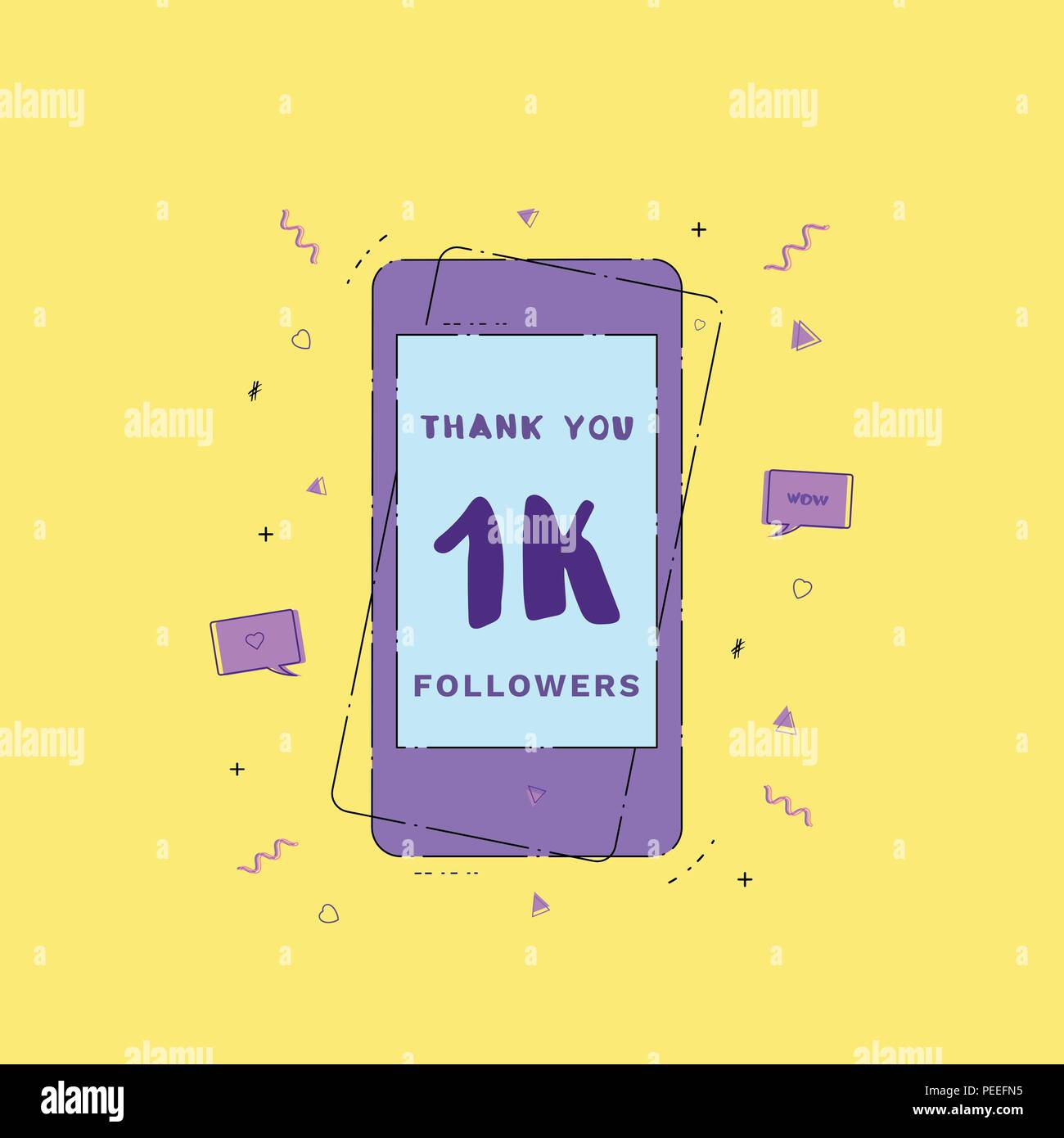 1K Followers thank you phrase with phone. Template for social media post. Glitch chromatic aberration style. 1000 subscribers banner. Vector illustrat Stock Vector