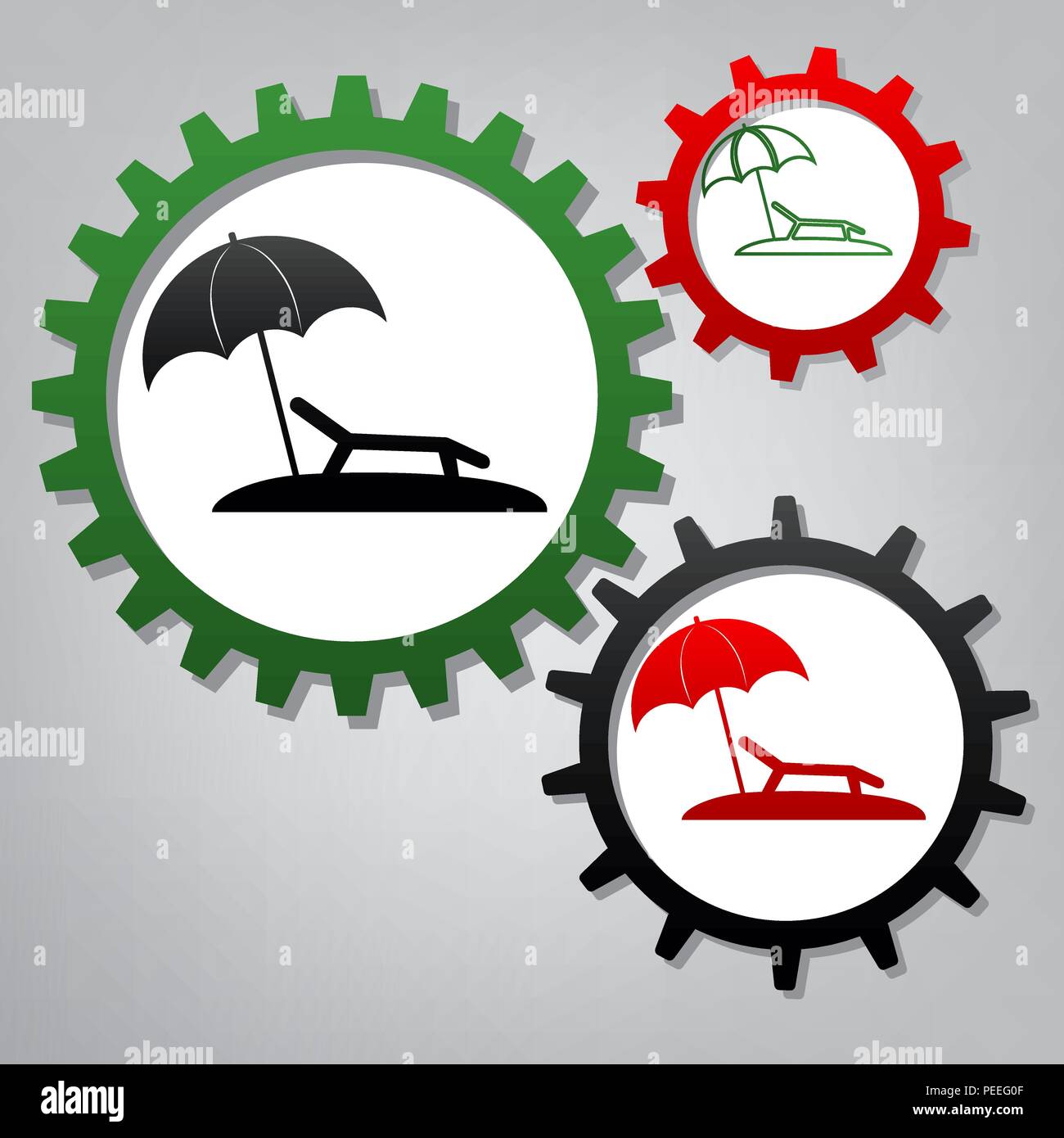 Tropical resort beach. Sunbed Chair sign. Vector. Three connected gears ...