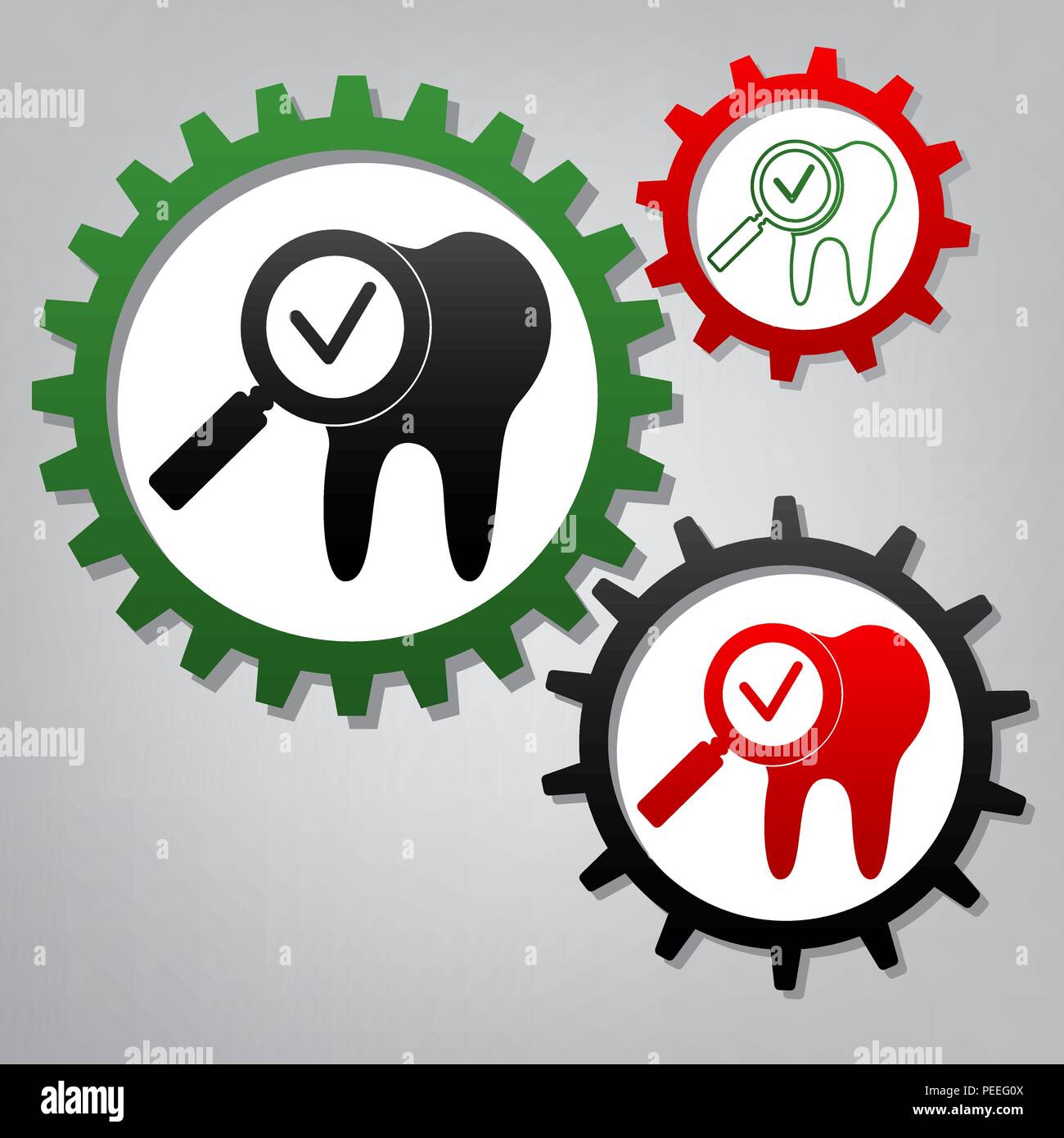 Tooth icon with arrow sign. Vector. Three connected gears with icons at