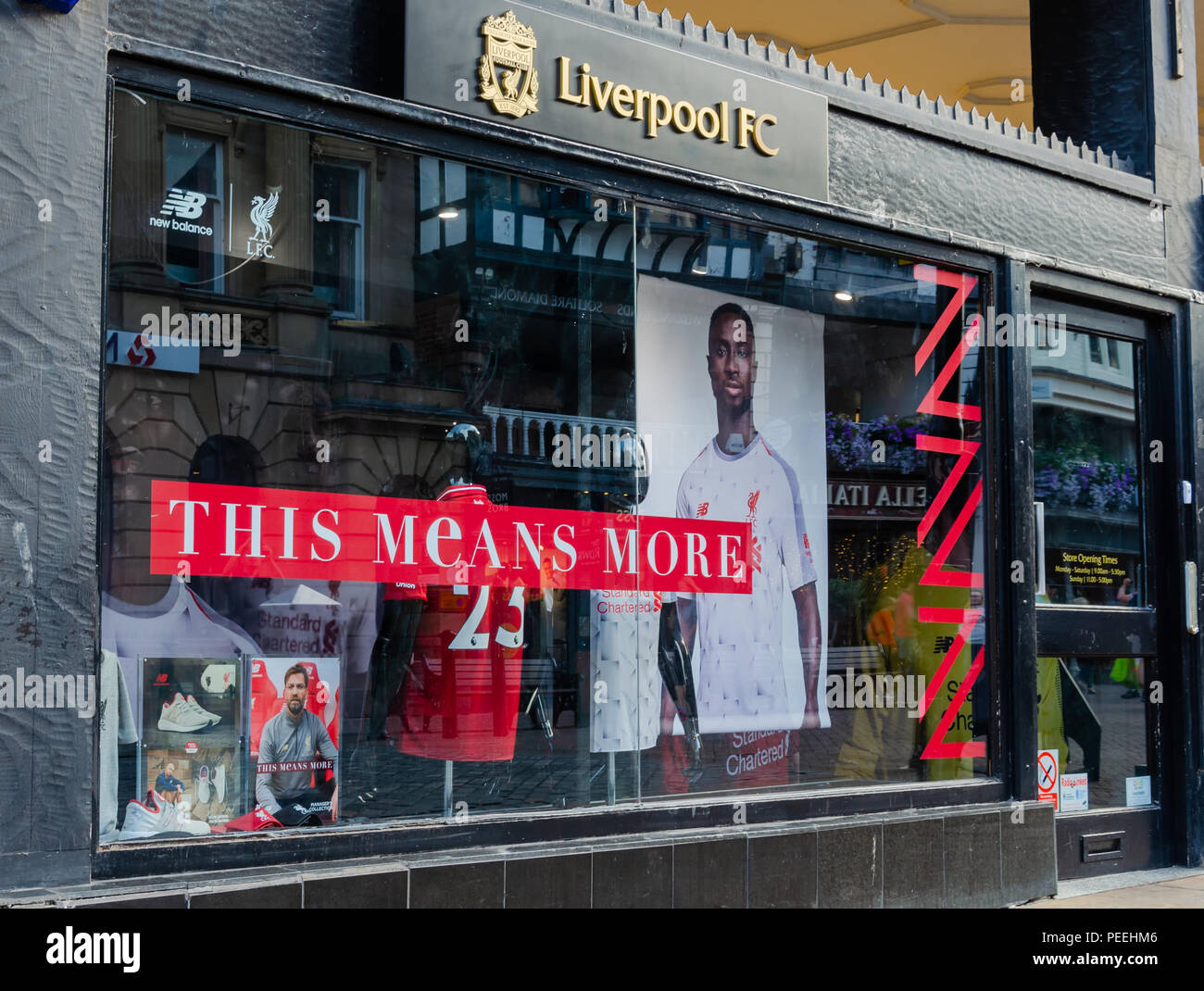 Chester, UK: Aug 6, 2018: Liverpool Football Club shop premises in Chester city centre. Liverpool FC play in the Premier League which is the top tier  Stock Photo