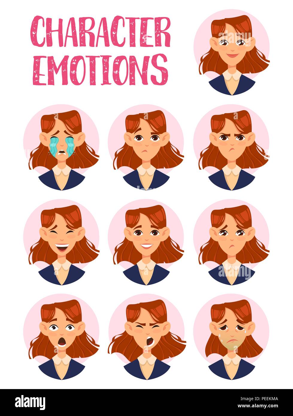 Set of isolated woman character facial expressions. Icons of girl screaming and crying, smiling and angry, sad and confused. Human cartoon portrait with humor emotions. Feelings and avatar theme Stock Vector