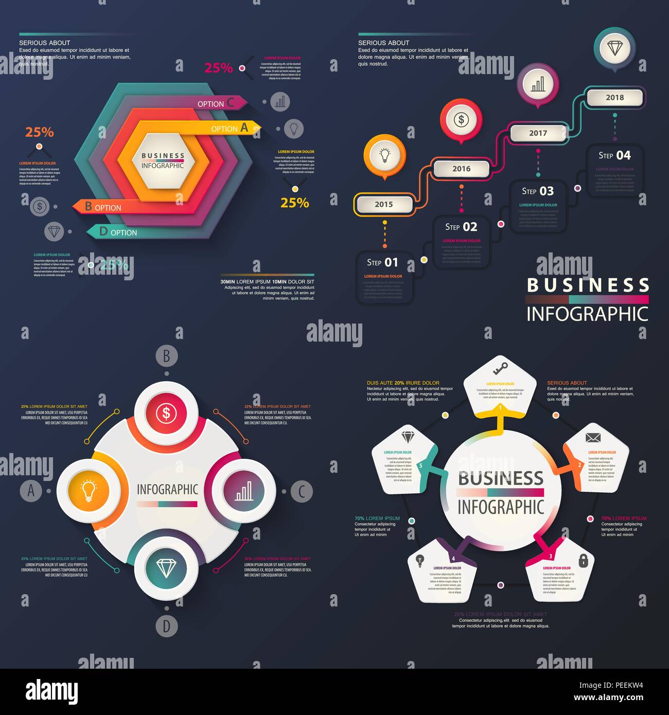 Business infographic with hexadecimal chart and round connected pieces, steps over years. Infochart with lamp and lock, envelope and diamond. Work and developing, information and marketing theme Stock Vector