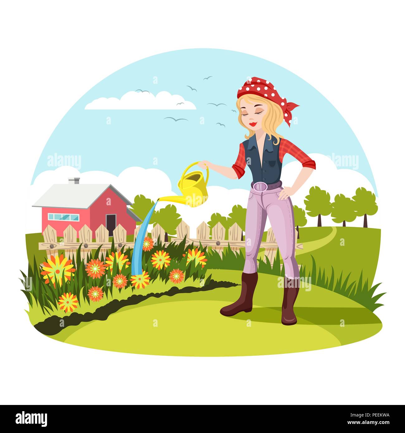 Village woman holding water can, female farmer watering flowers in garden or yard with fence. Village with house or building and trees, farmland girl in kerchief or bandana. Rural worker, people theme Stock Vector