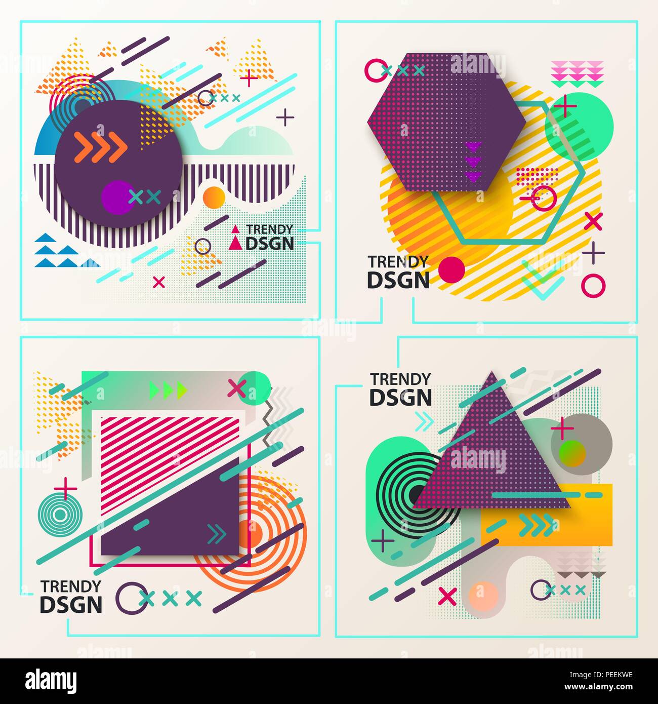 Cover or backdrop with geometric shapes like concentric circles and arrows, dotted line and triangle, modern or trendy brochure. Abstract flyer or booklet. Geometry and poster, futuristic theme Stock Vector