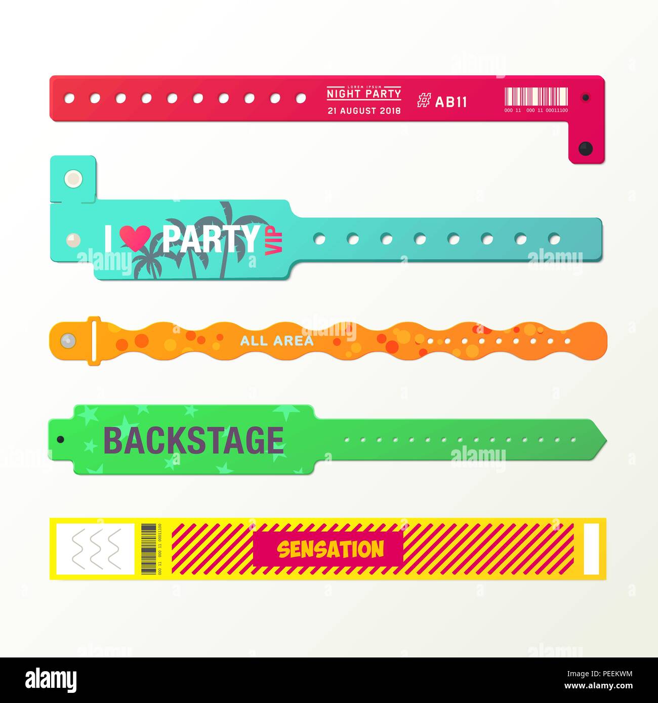 Plastic event access bracelets, wristlet for party entrance or wristband for concert backstage identification, stadium fan zone id, arm bracelet for security checking. Identity and vip, event theme Stock Vector