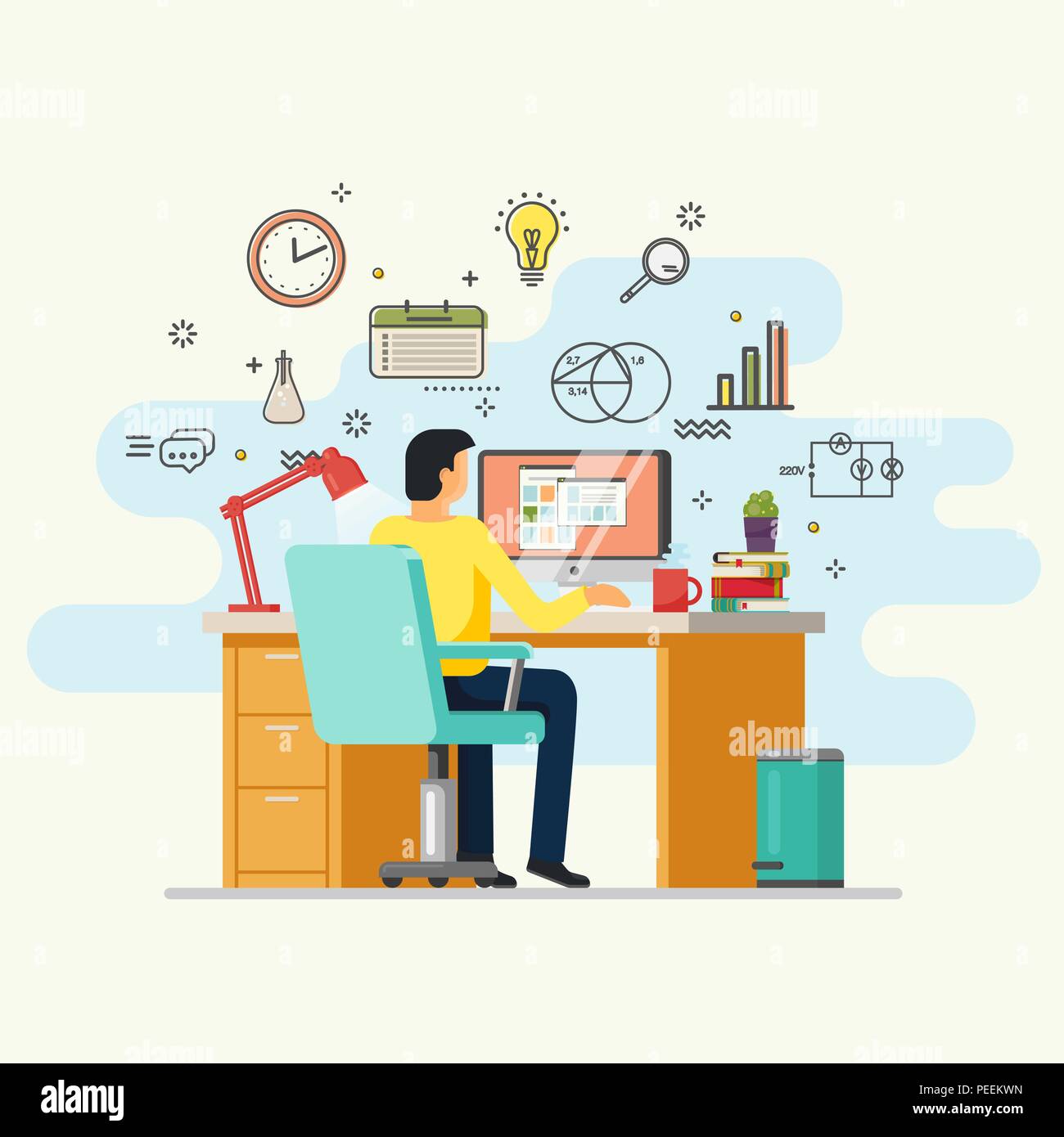 Man working at computer. Male doing job at table with computer. Guy sitting in armchair at desk with lamp and books, magnifying glass and clock. Employee and worker, workplace, office theme Stock Vector