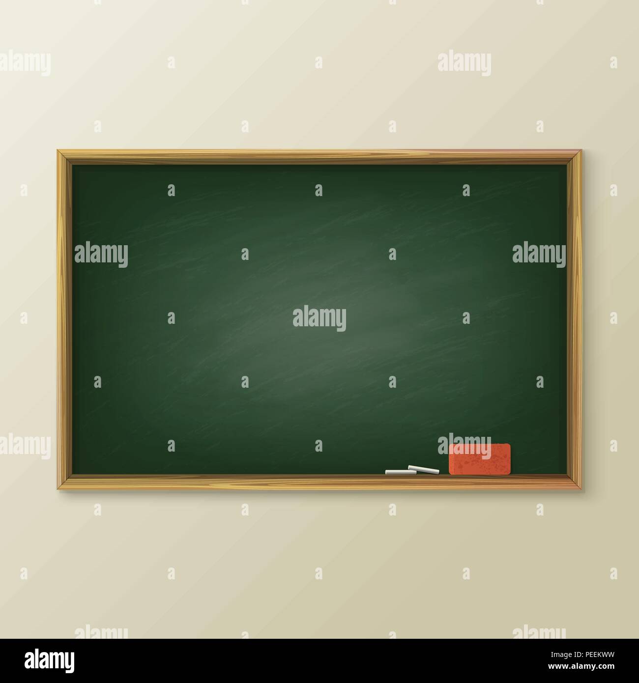 Empty blackboard or blank classboard, education chalkboard on wall or wooden frame greenboard with chalk and sponge. School or university, college classroom, study and teaching theme Stock Vector
