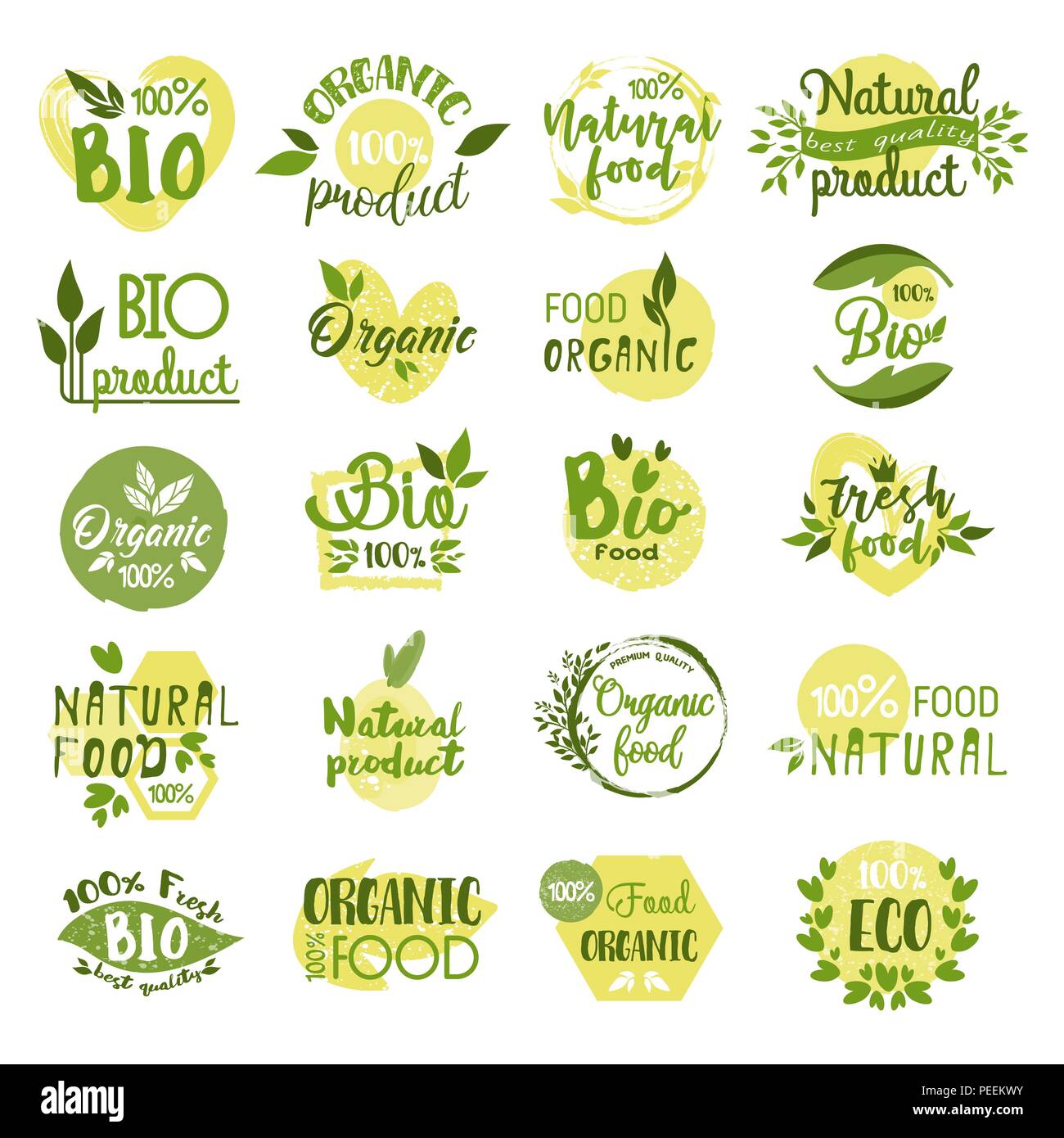 Set of farm food logo, natural product icon with leaves, organic and fresh vegetable or fruit sticker, no gmo guarantee. Nature and health, certified natural nutrition and environment, ecology theme Stock Vector