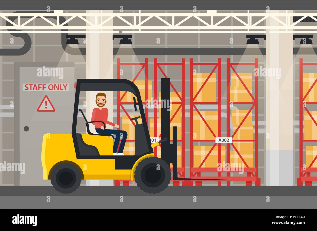 Forklift truck at shop or store warehouse. Loader with worker near box or package, container at shelves at storehouse. Logistic and product transportation, delivery and shipment, storage and loading. Stock Vector