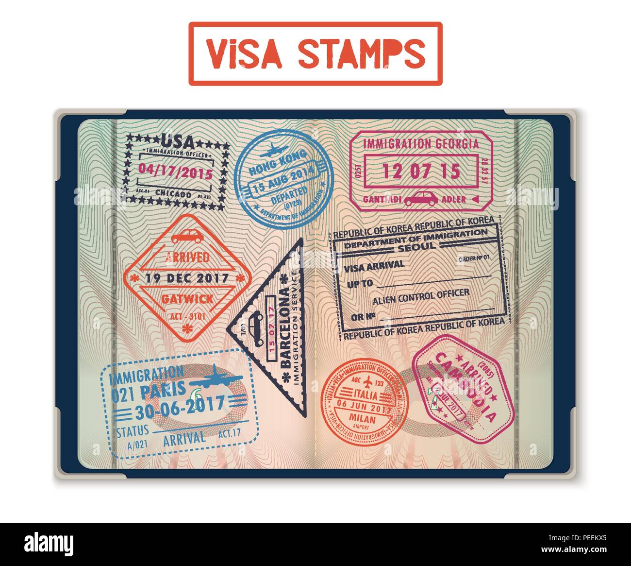 Passport with stamps for United States of America or USA, Korea Seoul, Cambodia and Paris, Hong Kong, China and France, London Gatwick, Georgia. Journey and travel, tourism and immigration theme Stock Vector