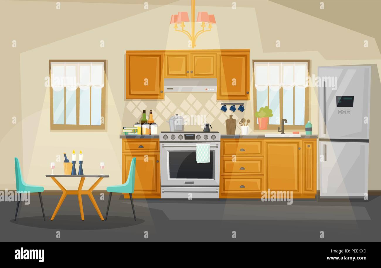 Kitchen interior view, room with kettle on stove or oven, exhaust hood or fan, table with candles and chair, fridge or refrigerator. Inside view of kitchen with utensil. Household and cooking theme Stock Vector