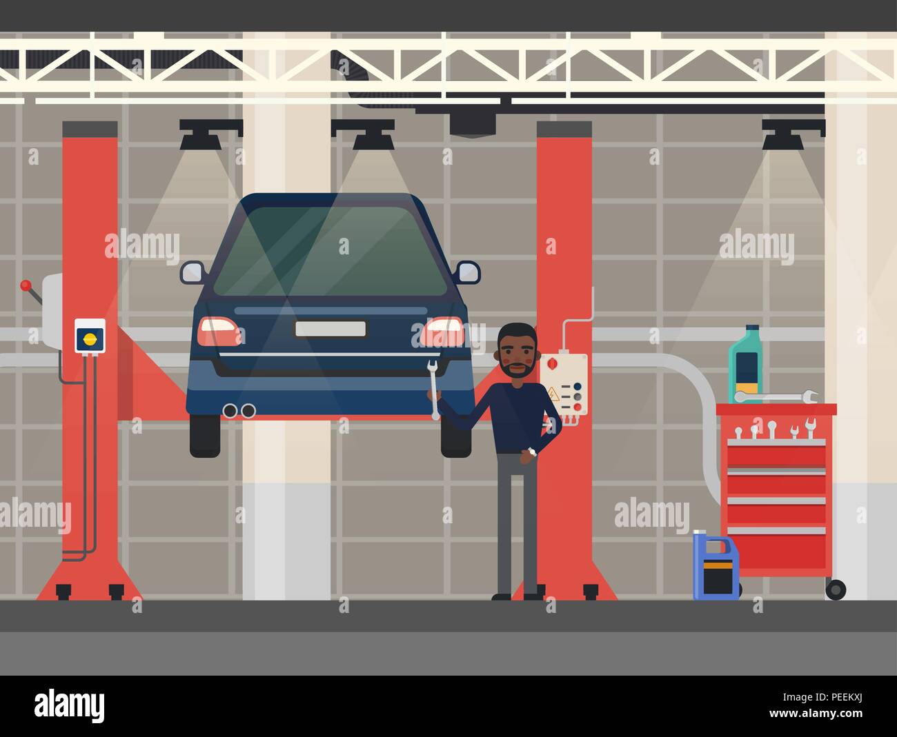 Repairman near automobile at hydraulic lift. Car diagnostic or maintenance, inspection or check, tuning or repair at garage. Technician or worker, man near vehicle hoist or elevator. Automotive theme Stock Vector