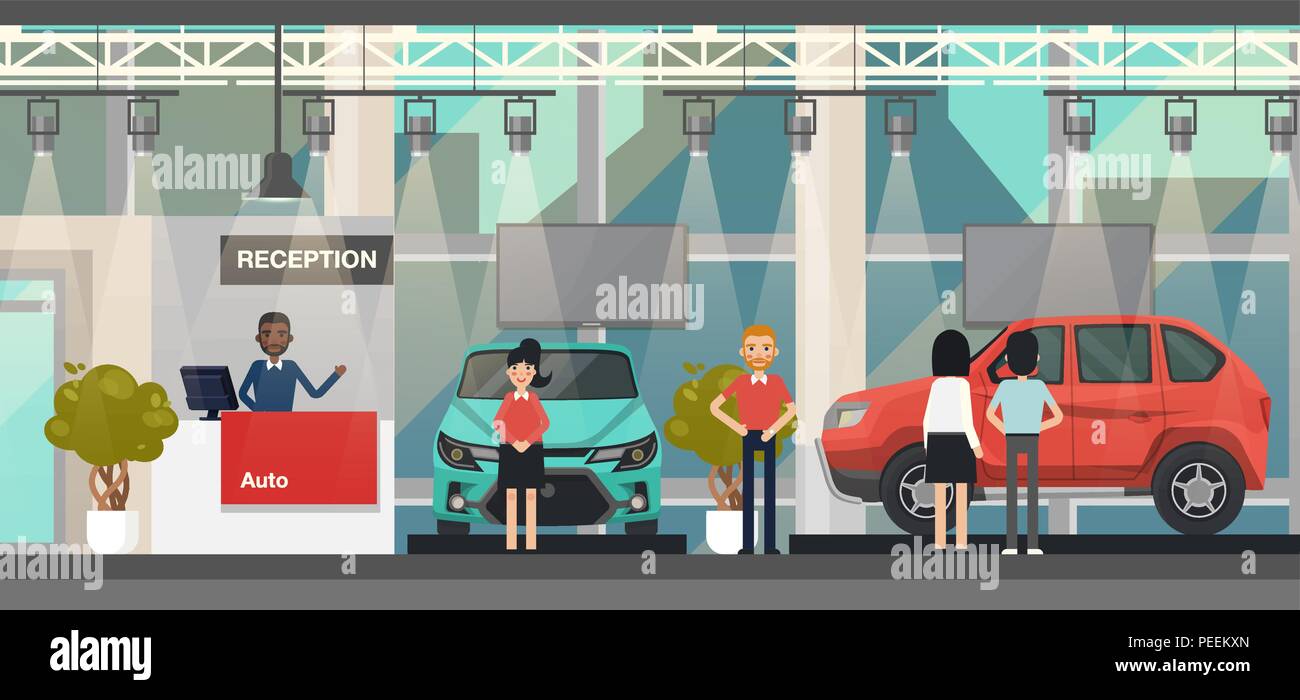 Car sale service with woman and man buyers, trading worker with automobiles or auto, vehicle on platform. Standing seller guy or workman doing machine trading at car center reception. Retail theme Stock Vector