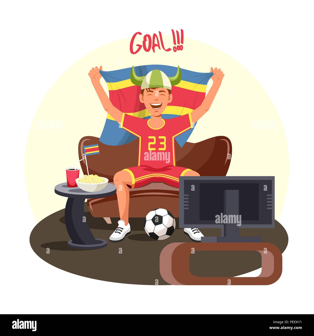 2018 world championship football cup, soccer fan celebrating goal at home watching tv translation and holding flag. Football team supporter with soda and popcorn watching game. Stock Vector