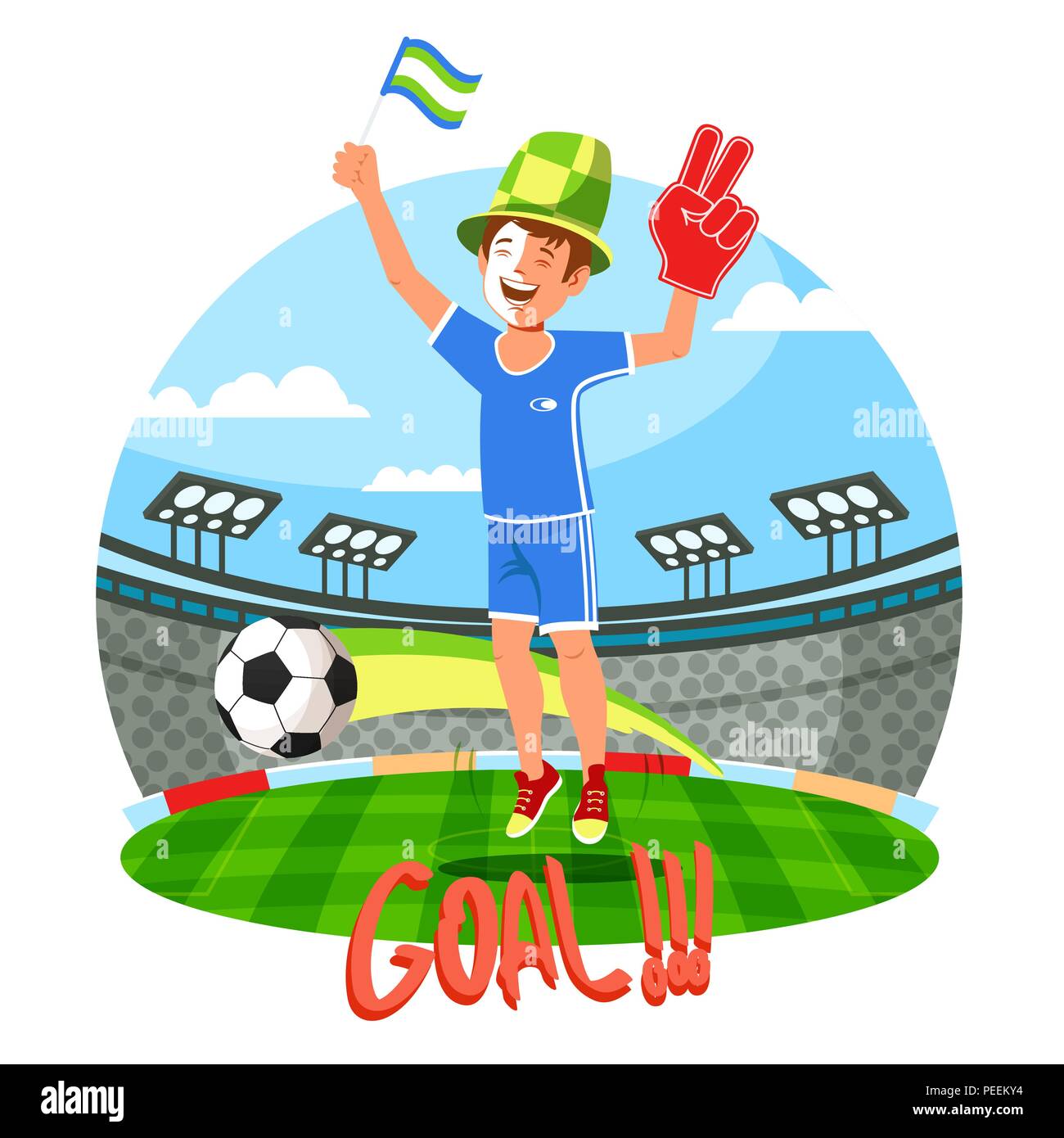 Soccer field with celebrating fan. Football supporter with glove or hand cheering for goal at stadium. 2018 world championship football cup, team victory and cheerful crowd or audience, competition Stock Vector