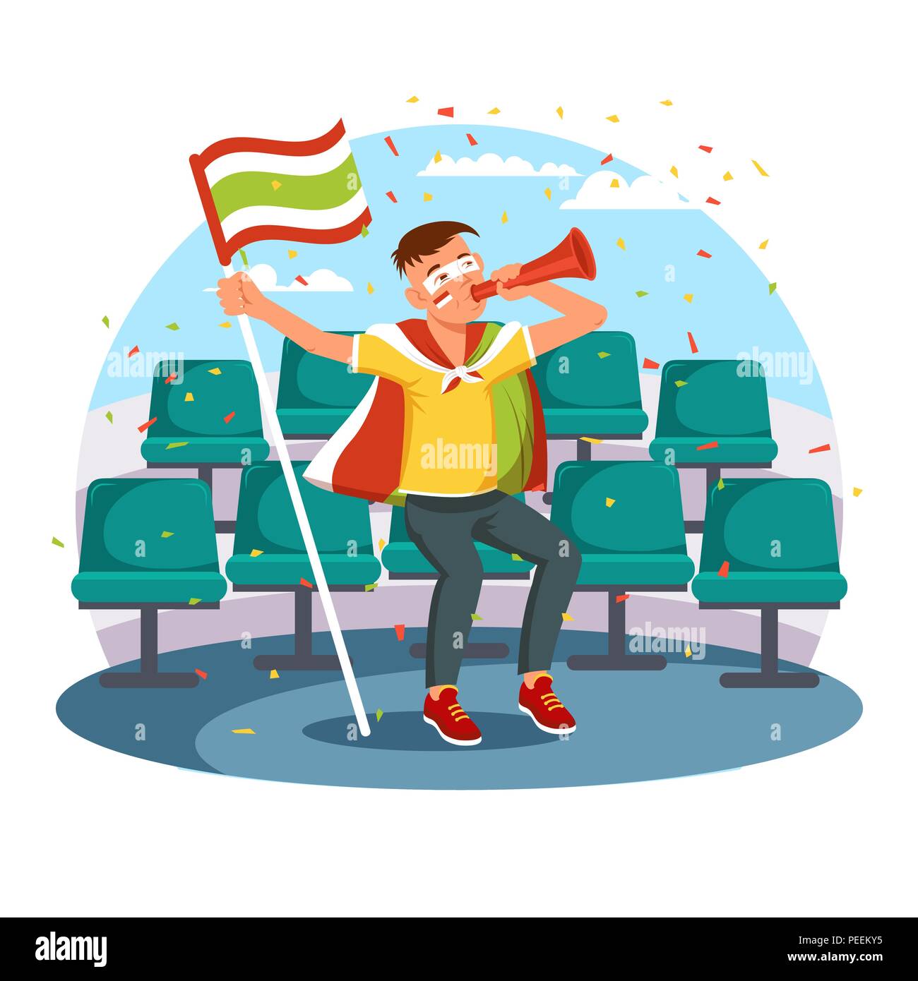 Football or soccer supporter with vuvuzela or lepapata. 2018 world championship football cup fan at seats with flag celebrating winning of team or goal. Excited cheerful spectator. Win and sport Stock Vector
