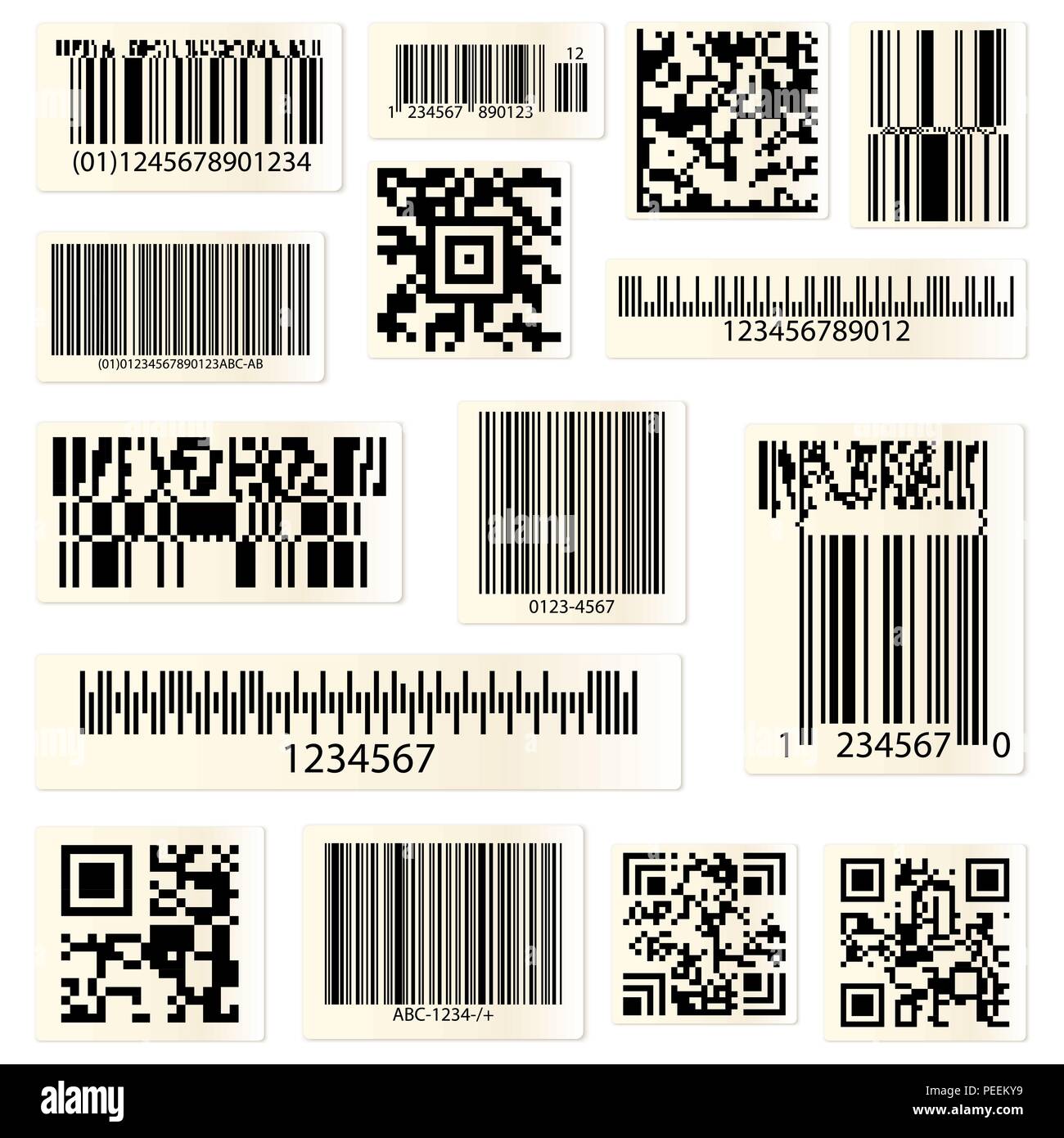 Set of isolated barcodes and QR codes for hyperlinks. Cellular phone or smartphone scanning technology for web or computer links. Identification square for product sale information, tag for coding Stock Vector