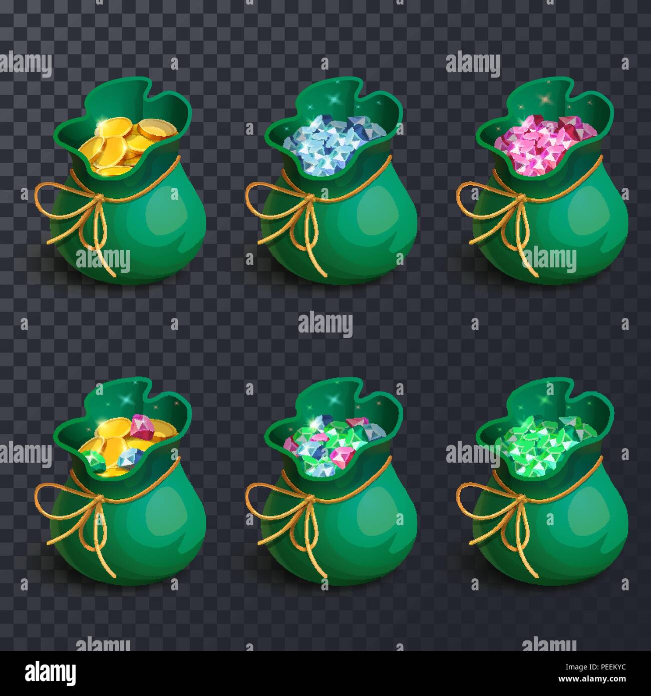 Set of isolated bags or sack with gems or crystal, diamonds and golden coins, gemstones and ruby, sapphire or emerald, brilliant on transparent. Game award and wealth icon, jewelry and money Stock Vector