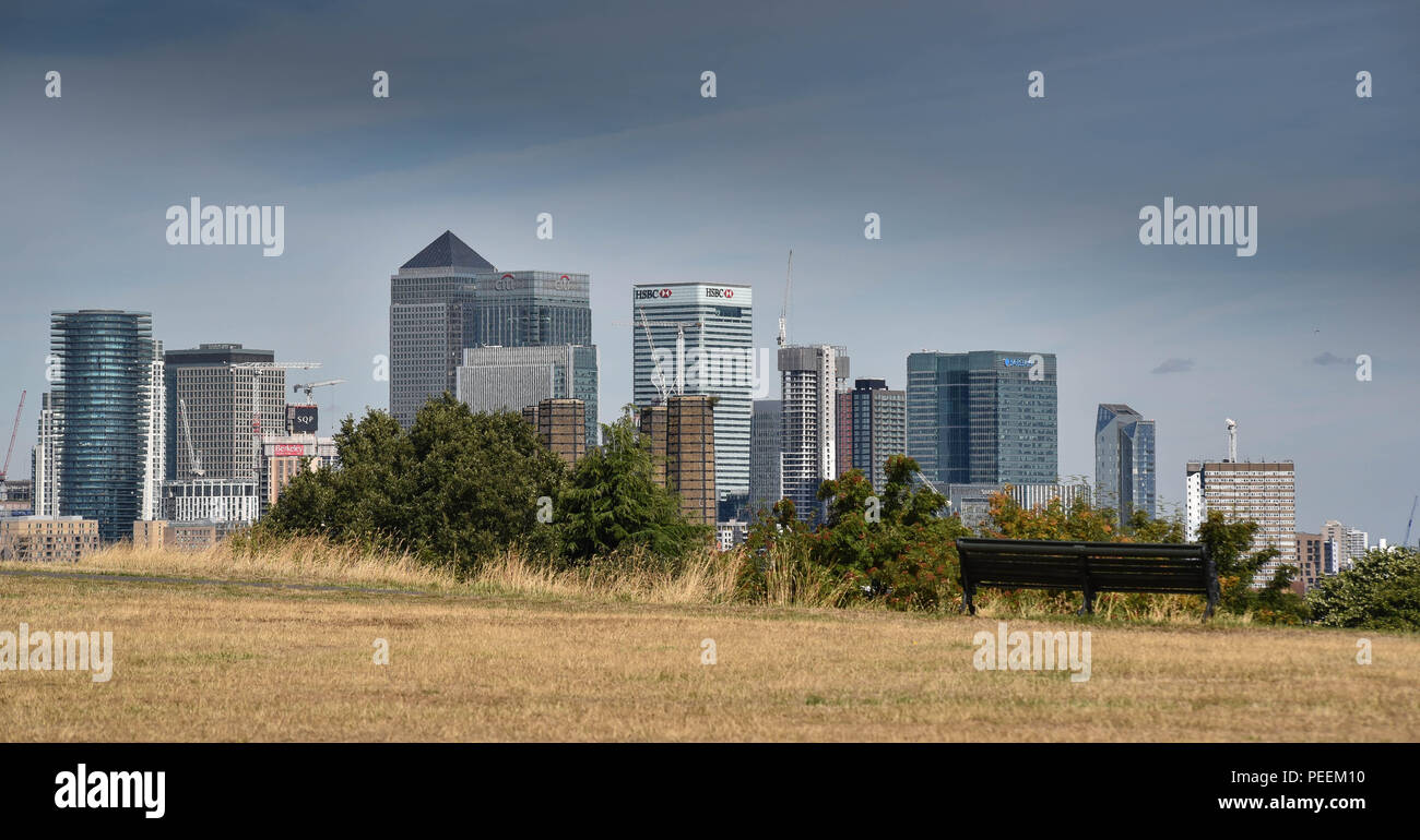 a view of canary wharf from greenwich park Stock Photo