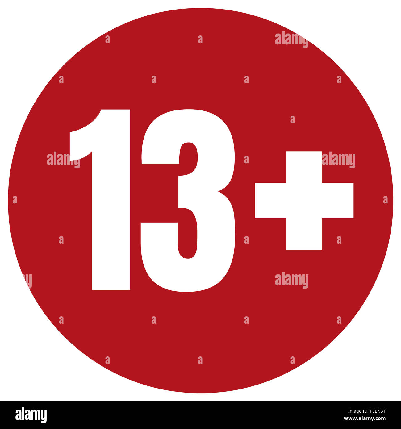 Limit age icon on red background. Icons age limit from 13 flat