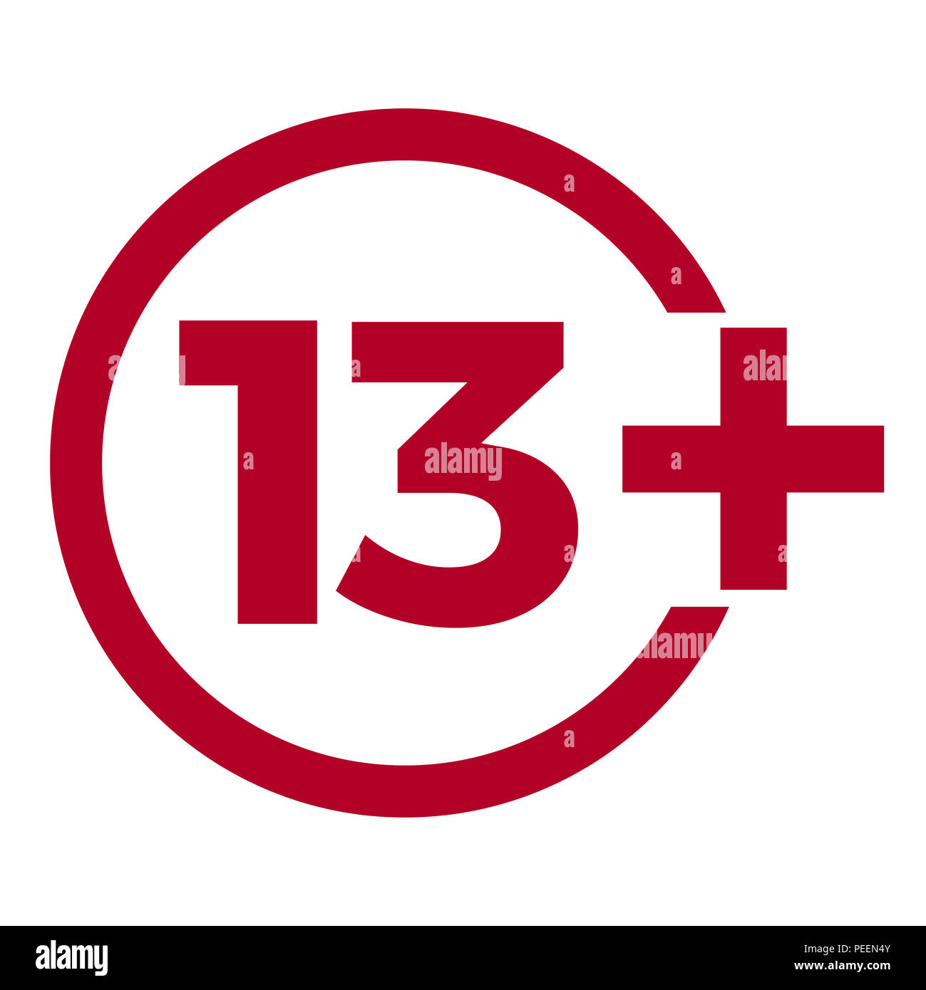 Limit age icon on red background. Icons age limit from 13 flat