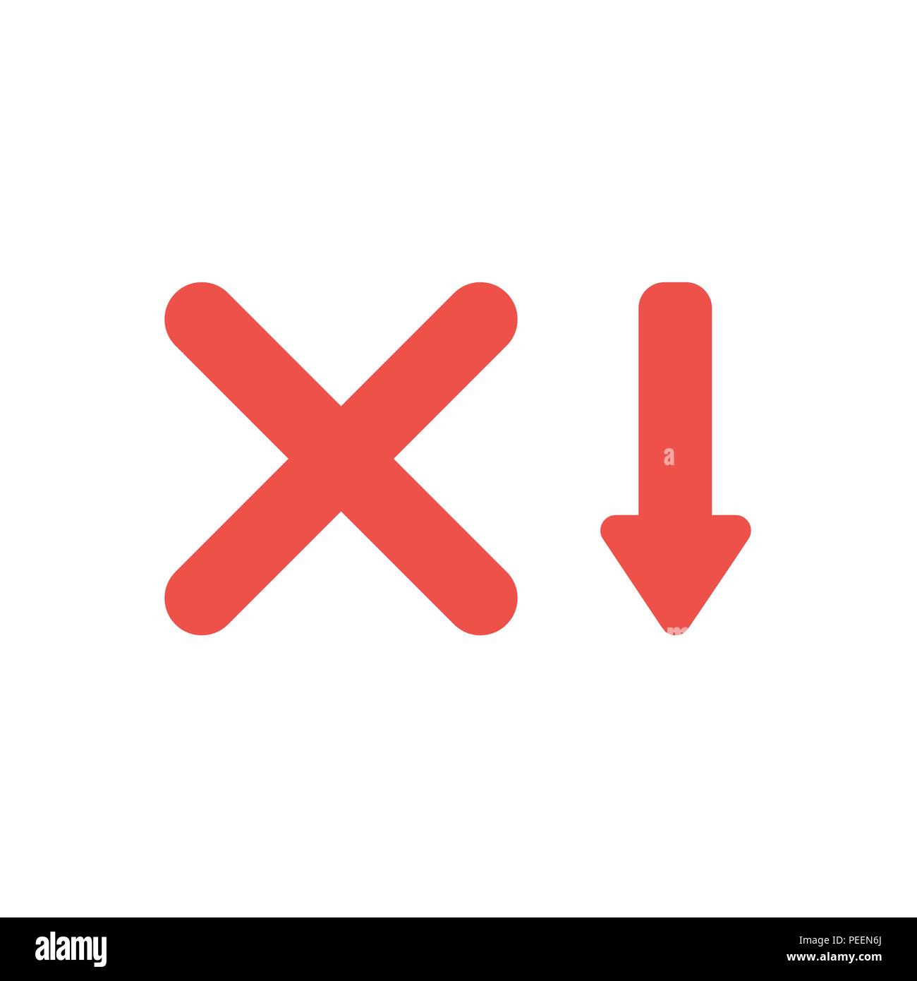 Flat design vector illustration concept of red x mark symbol icon with red arrow moving down. Stock Vector